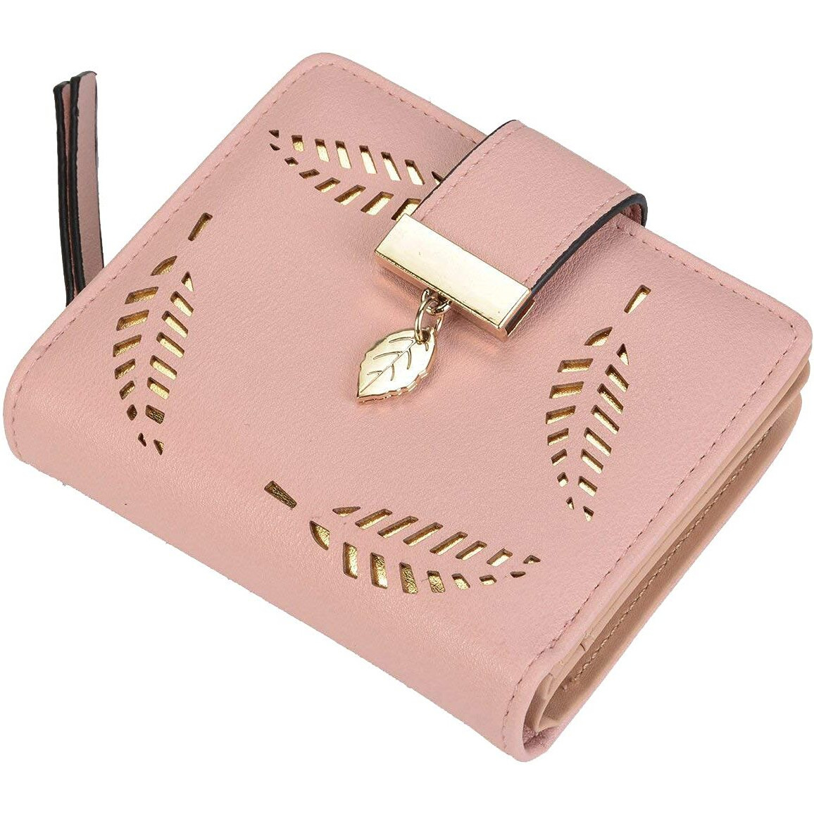 INOVERA (LABEL) Rose Gold Leather Women s Leaf Bi-fold Card Coin Holder Small Purse Clutch Wallet (KK23)
