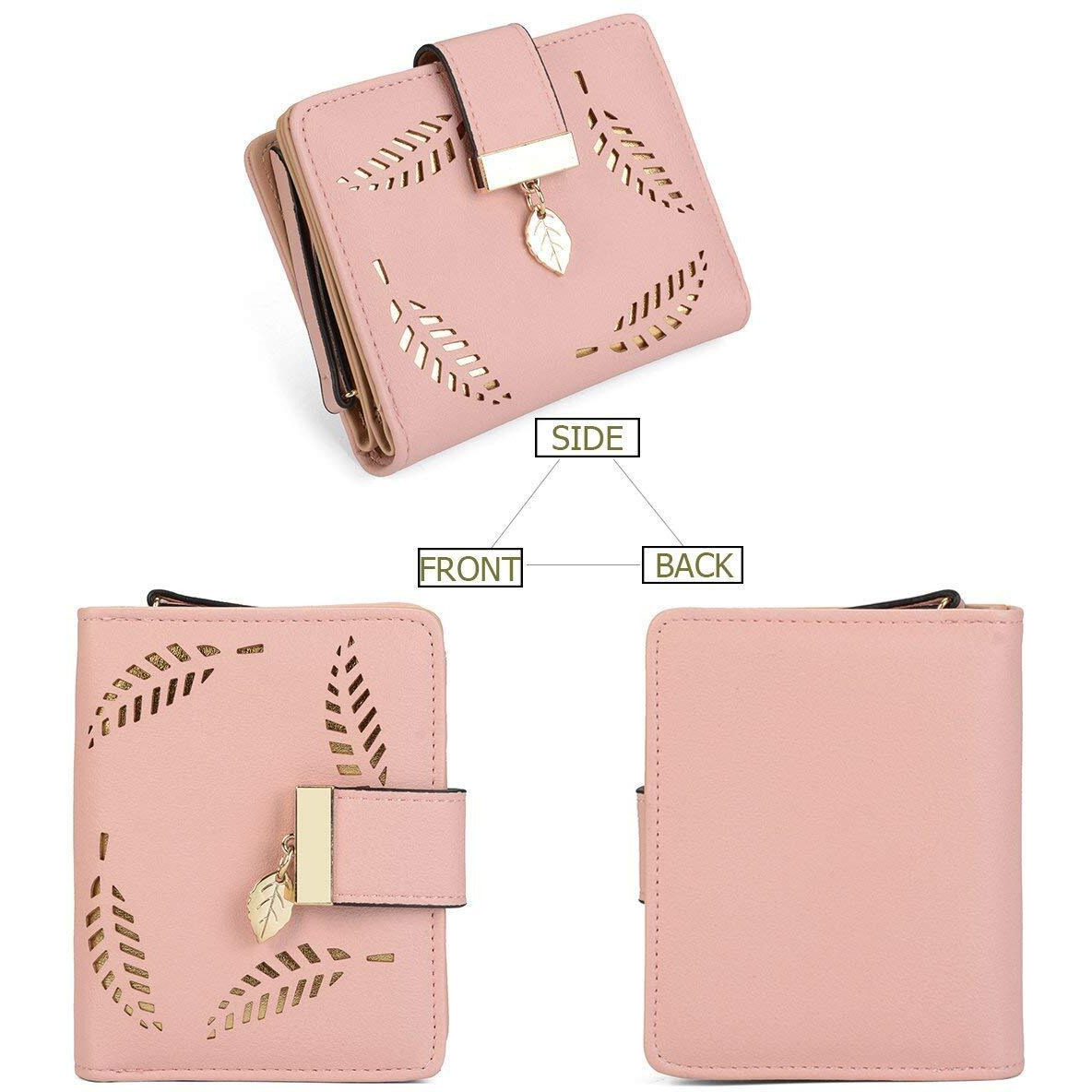 INOVERA (LABEL) Rose Gold Leather Women s Leaf Bi-fold Card Coin Holder Small Purse Clutch Wallet (KK23)