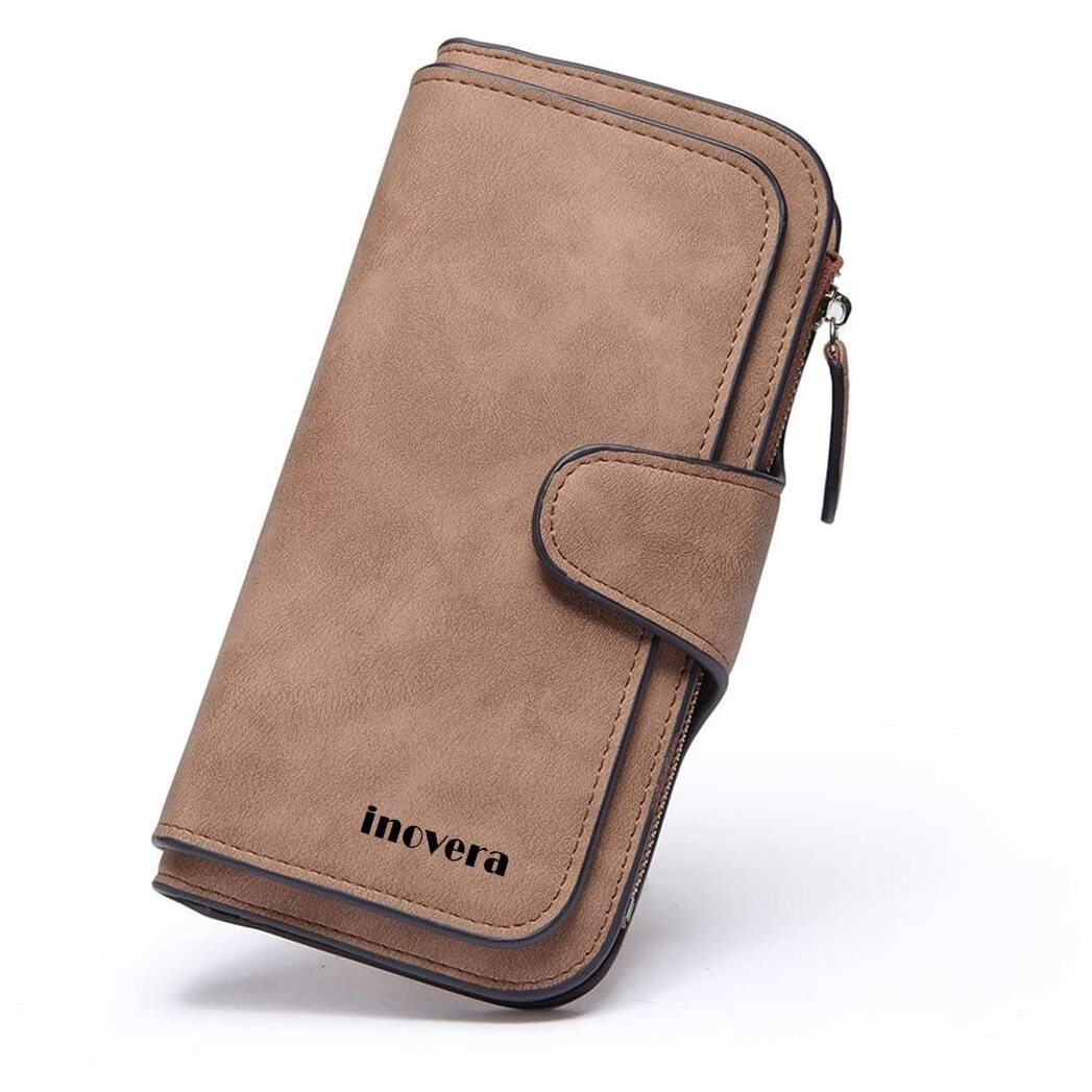 INOVERA (LABEL) Brown Vegan Leather Women s Tri-fold Women Fashion Card Coin Holder Ladies Long Purse Clutch Wallet (KK24)