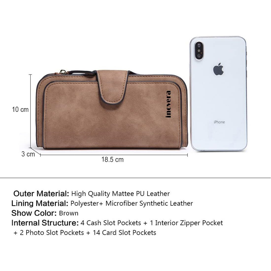 INOVERA (LABEL) Brown Vegan Leather Women s Tri-fold Women Fashion Card Coin Holder Ladies Long Purse Clutch Wallet (KK24)