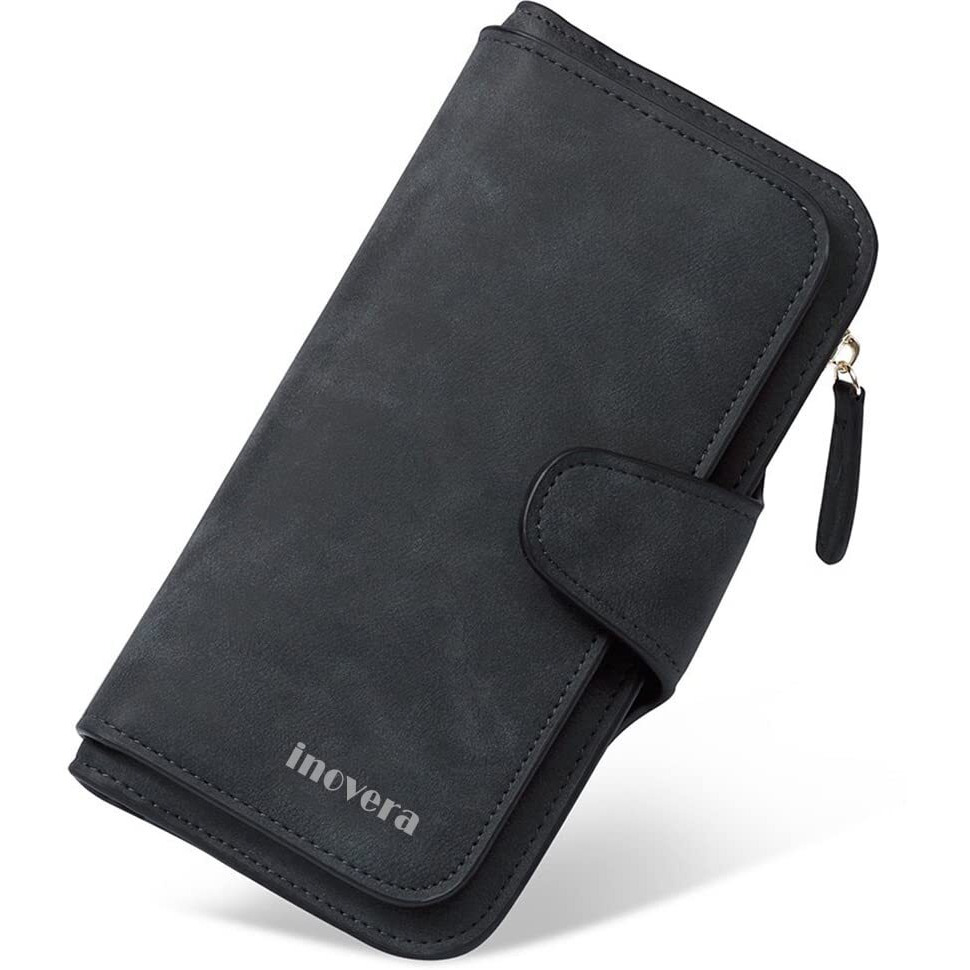 INOVERA (LABEL) Black Vegan Leather Women s Tri-fold Women Fashion Card Coin Holder Ladies Long Purse Clutch Wallet (18.5H x 3W x 10L cm, KK24)