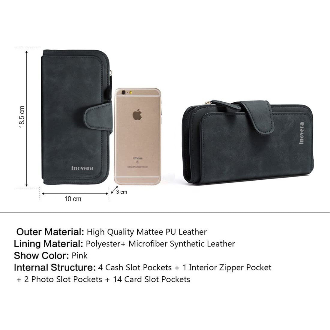 INOVERA (LABEL) Black Vegan Leather Women s Tri-fold Women Fashion Card Coin Holder Ladies Long Purse Clutch Wallet (18.5H x 3W x 10L cm, KK24)