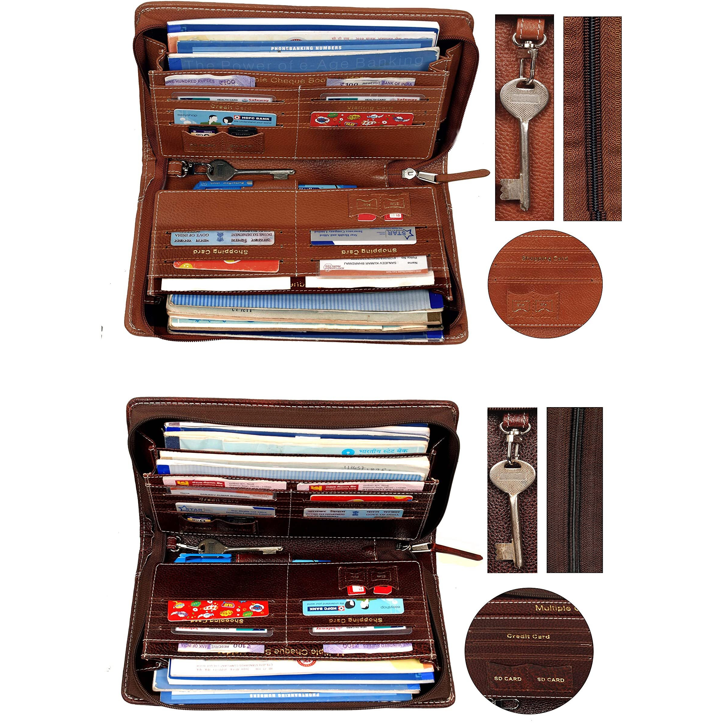 Sukeshcraft Multiple Cheque Book Holder | Original Leather Holds Upto 8 Cheque Books, Locker Key Hook, 2 Photo Slots, 1 Pin-Sim Slot, 13 Credit/Debit Card Slots with Matching Zipper (Combo)