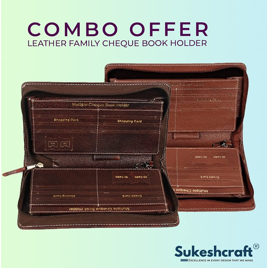 Sukeshcraft Multiple Cheque Book Holder | Original Leather Holds Upto 8 Cheque Books, Locker Key Hook, 2 Photo Slots, 1 Pin-Sim Slot, 13 Credit/Debit Card Slots with Matching Zipper (Combo)