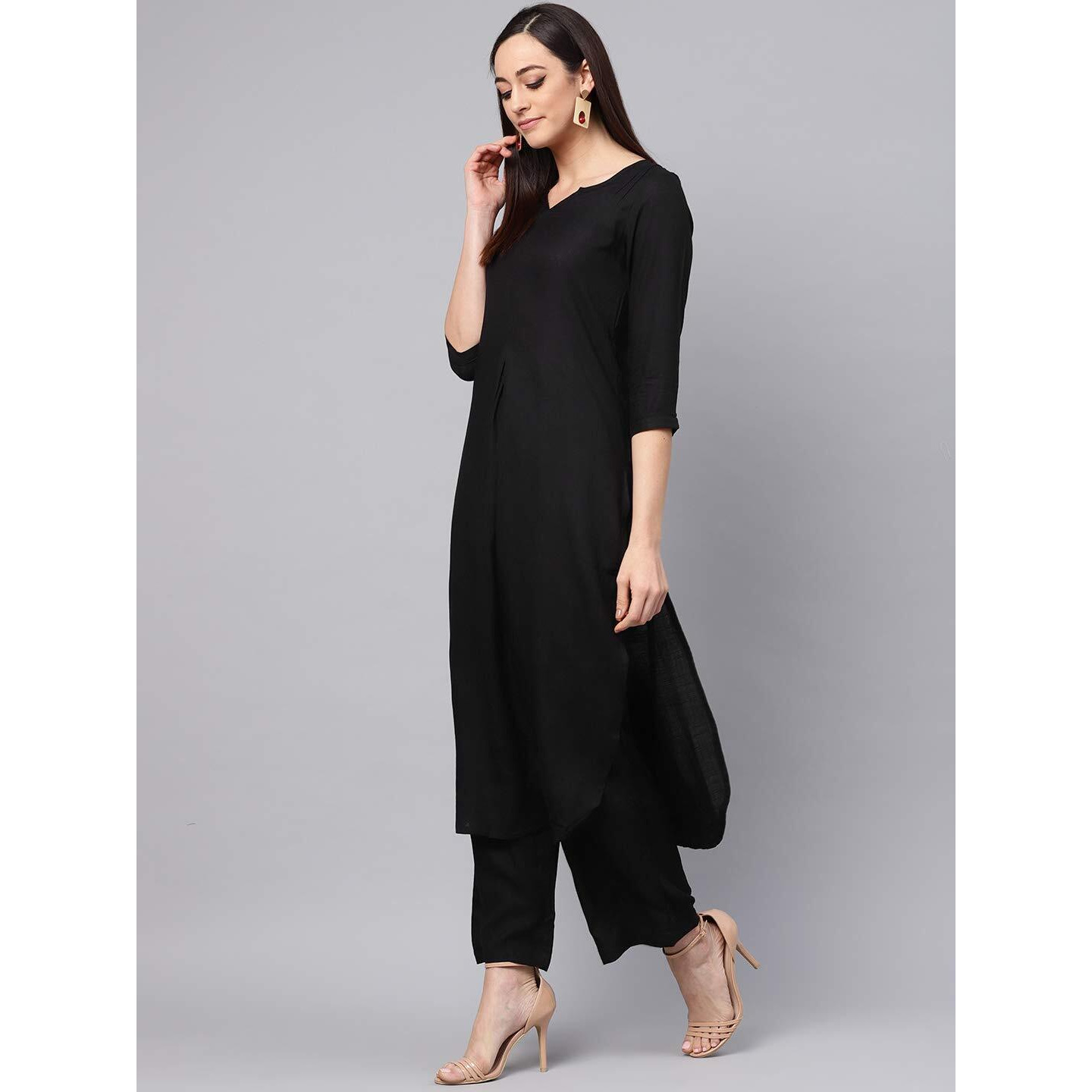 idaLia Rayon Solid Straight Black Kurta Set for Women 3/4 Sleeve, Round V Neck Designer Kurta with Palazzo Pant Set