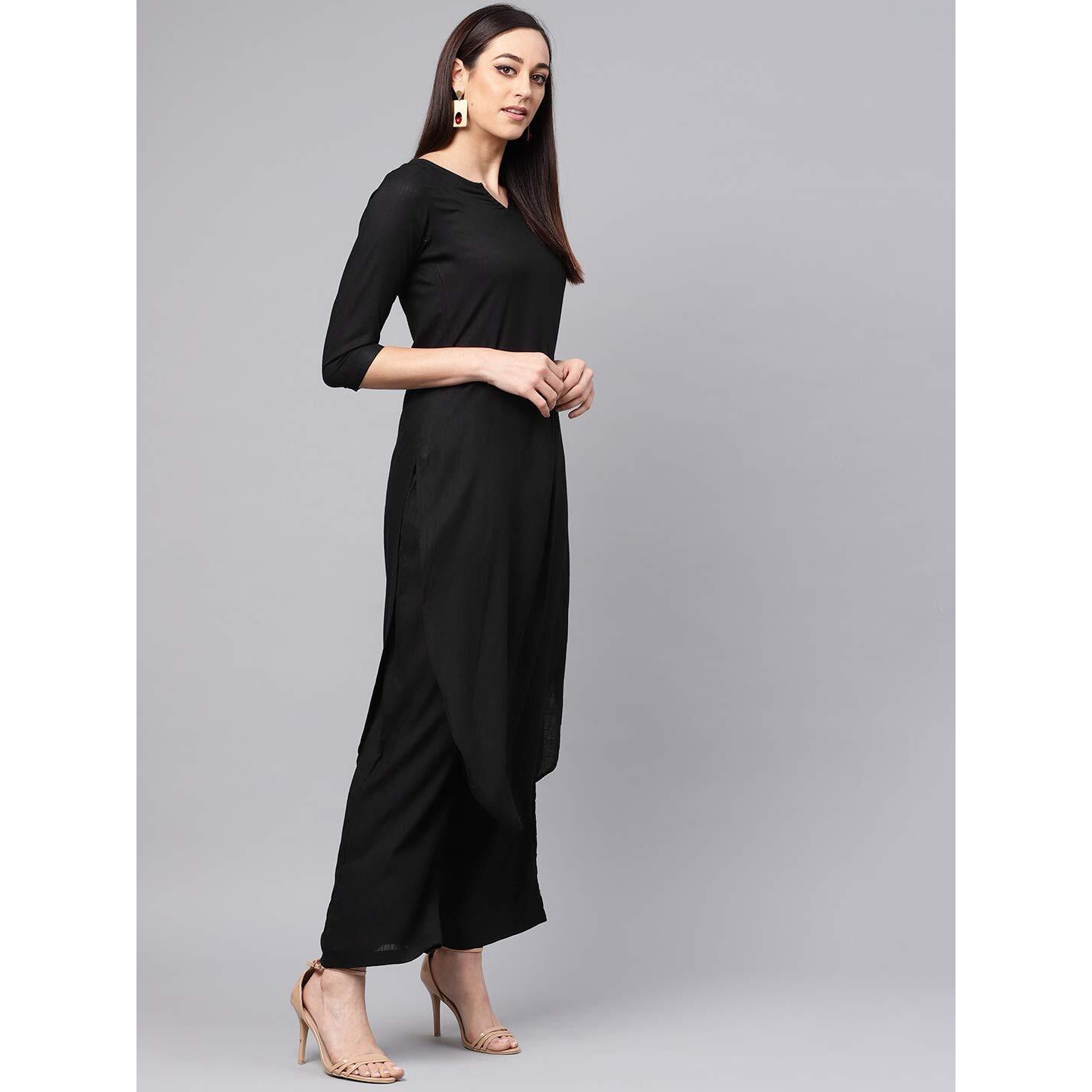 idaLia Rayon Solid Straight Black Kurta Set for Women 3/4 Sleeve, Round V Neck Designer Kurta with Palazzo Pant Set