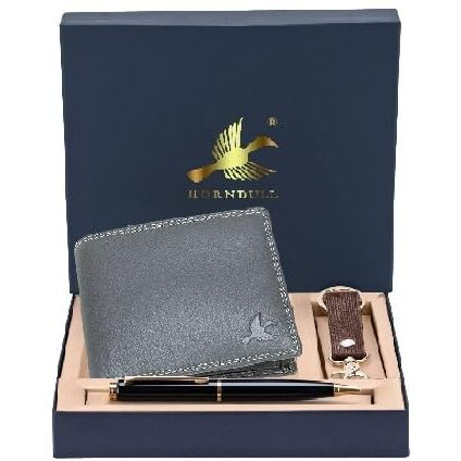 HORNBULL Grey Stella Mens Leather Wallet, Keyring & Pen Combo Gift Set for Men | Gift Set for Men PN149
