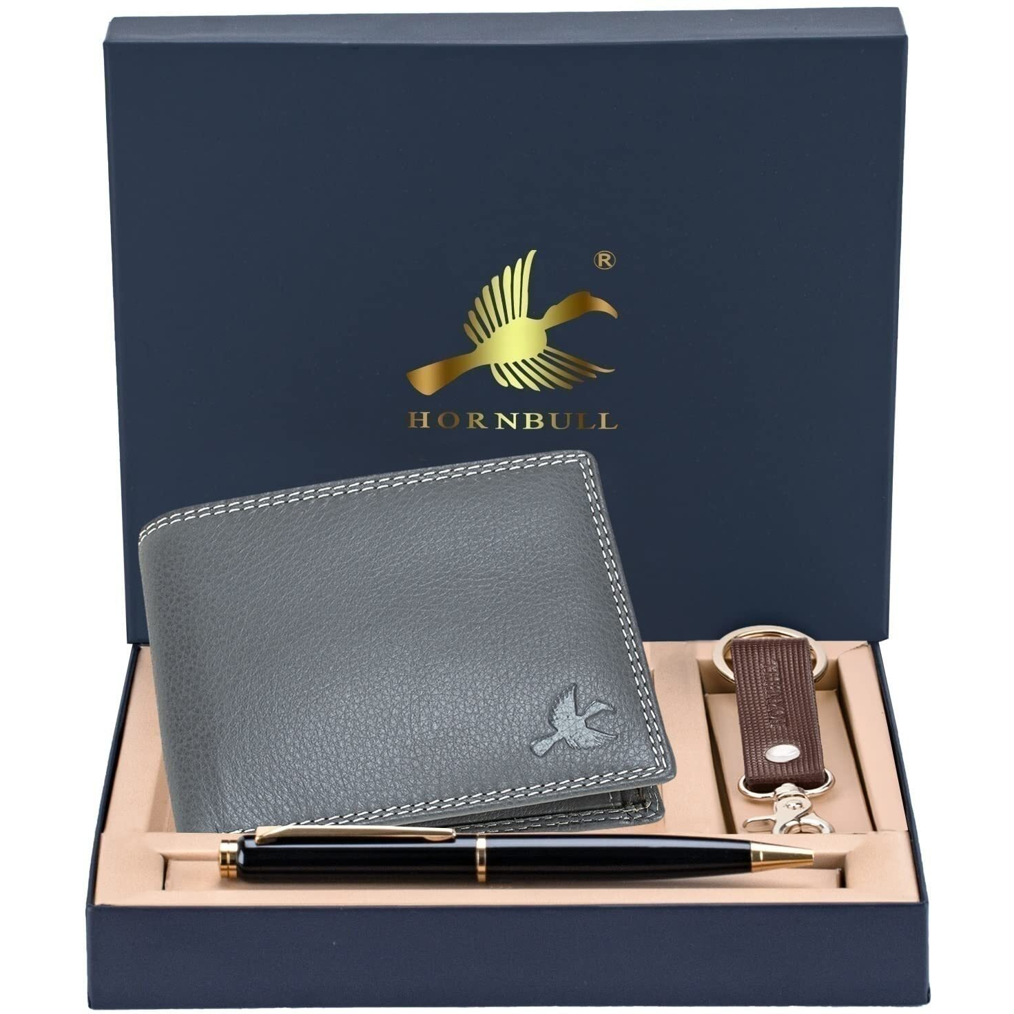 HORNBULL Grey Stella Mens Leather Wallet, Keyring & Pen Combo Gift Set for Men | Gift Set for Men PN149