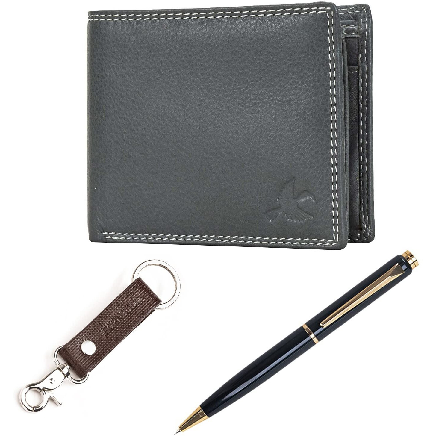 HORNBULL Grey Stella Mens Leather Wallet, Keyring & Pen Combo Gift Set for Men | Gift Set for Men PN149