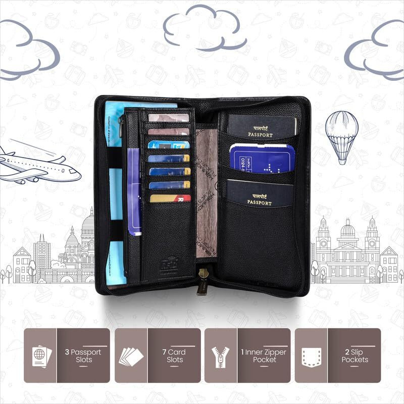 HAMMONDS FLYCATCHER Genuine Leather Passport Cover for Men, Passport Cover for Women, RFID Passport Holder for Men Travel Accessories for Men, Passport Bag for Men, 7 ATM Card Slots - Black