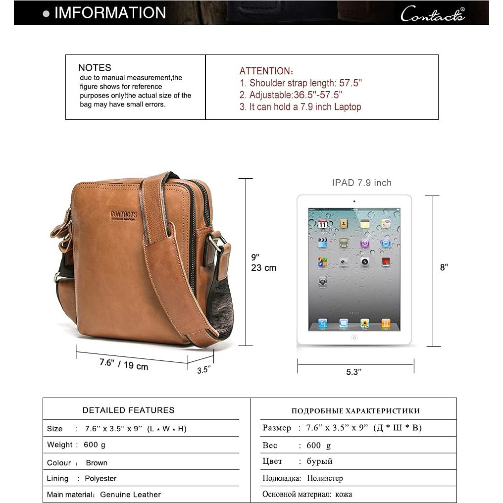 Contacts Men s and Women s Genuine Leather Messenger/Crossbody/Sling Bag (Tan) Compatible with I PAD & Mini Laptop or Tablet upto 9 Inches - 09