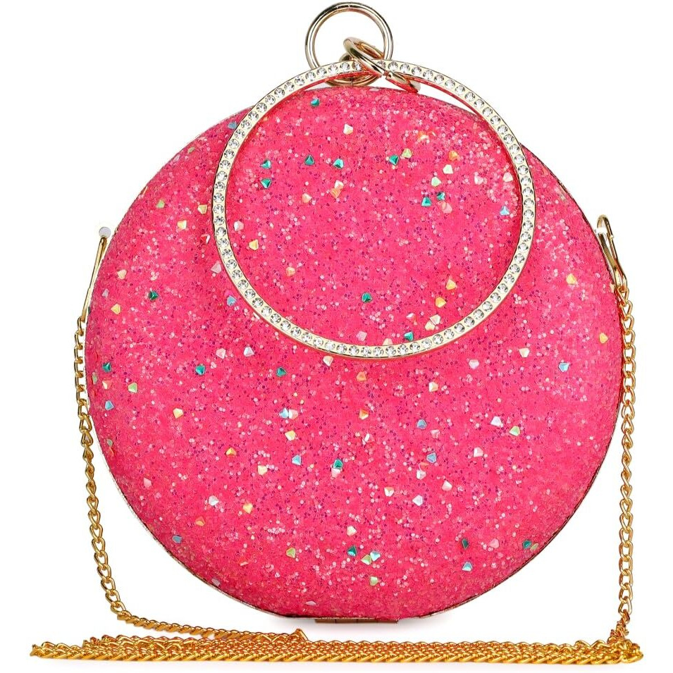 TOOBA Women Handicraft Beautiful Round Box Clutch Bag Purse for Bridal, Casual, Wedding Bag for Women & Girls (Glittering Light Magenta)