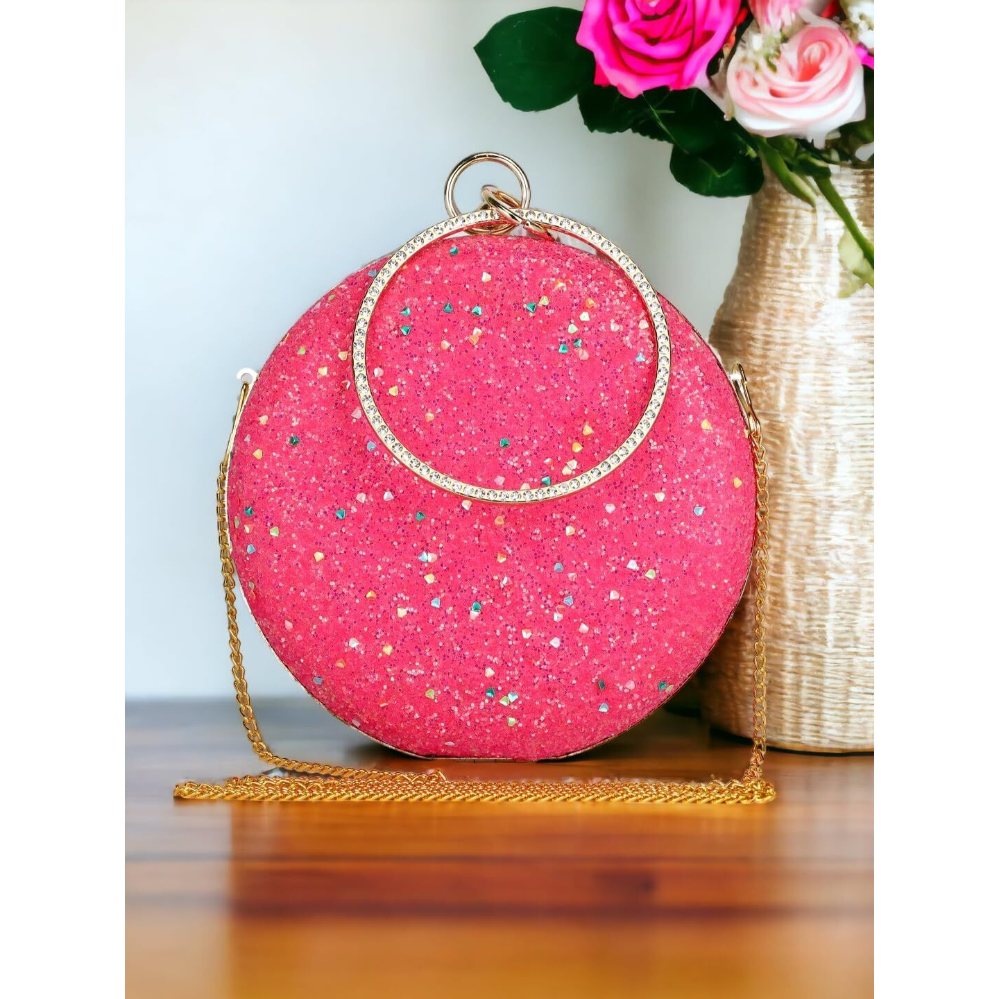 TOOBA Women Handicraft Beautiful Round Box Clutch Bag Purse for Bridal, Casual, Wedding Bag for Women & Girls (Glittering Light Magenta)