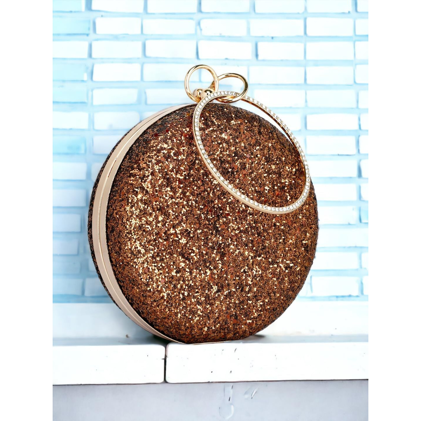 TOOBA Women Handicraft Beautiful Round Box Clutch Bag Purse for Bridal, Casual, Wedding Bag for Women & Girls (Glittering Copper)