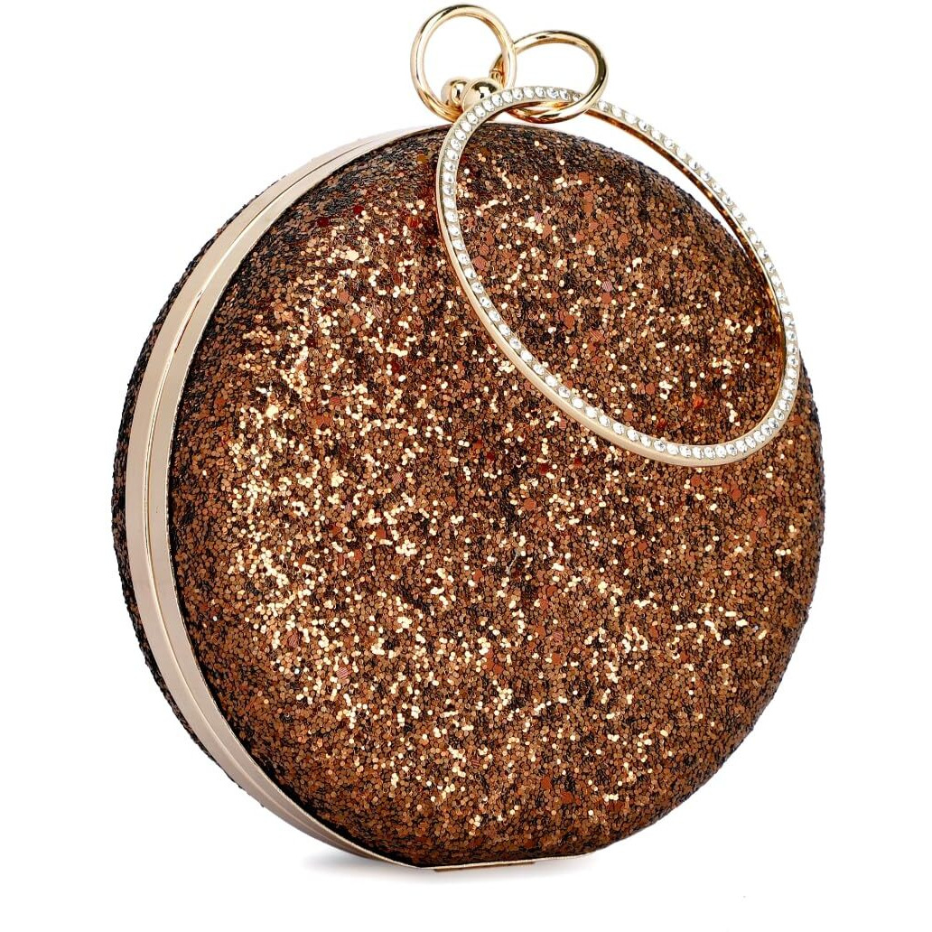 TOOBA Women Handicraft Beautiful Round Box Clutch Bag Purse for Bridal, Casual, Wedding Bag for Women & Girls (Glittering Copper)
