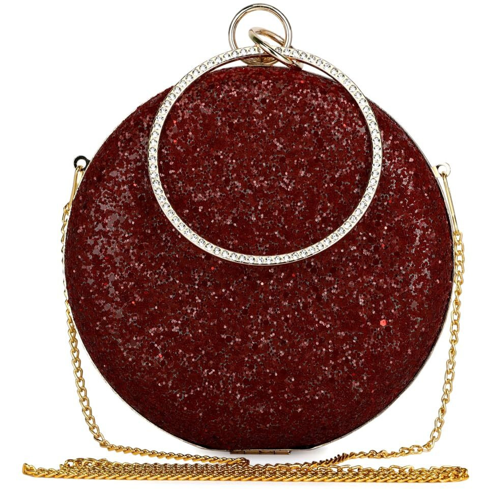 TOOBA Women Handicraft Beautiful Round Box Clutch Bag Purse for Bridal, Casual, Wedding Bag for Women & Girls (Glittering Cherry)