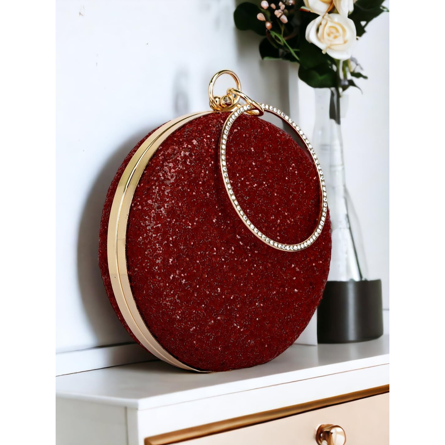 TOOBA Women Handicraft Beautiful Round Box Clutch Bag Purse for Bridal, Casual, Wedding Bag for Women & Girls (Glittering Cherry)
