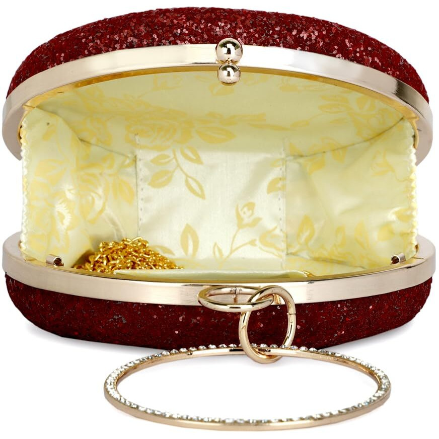 TOOBA Women Handicraft Beautiful Round Box Clutch Bag Purse for Bridal, Casual, Wedding Bag for Women & Girls (Glittering Cherry)