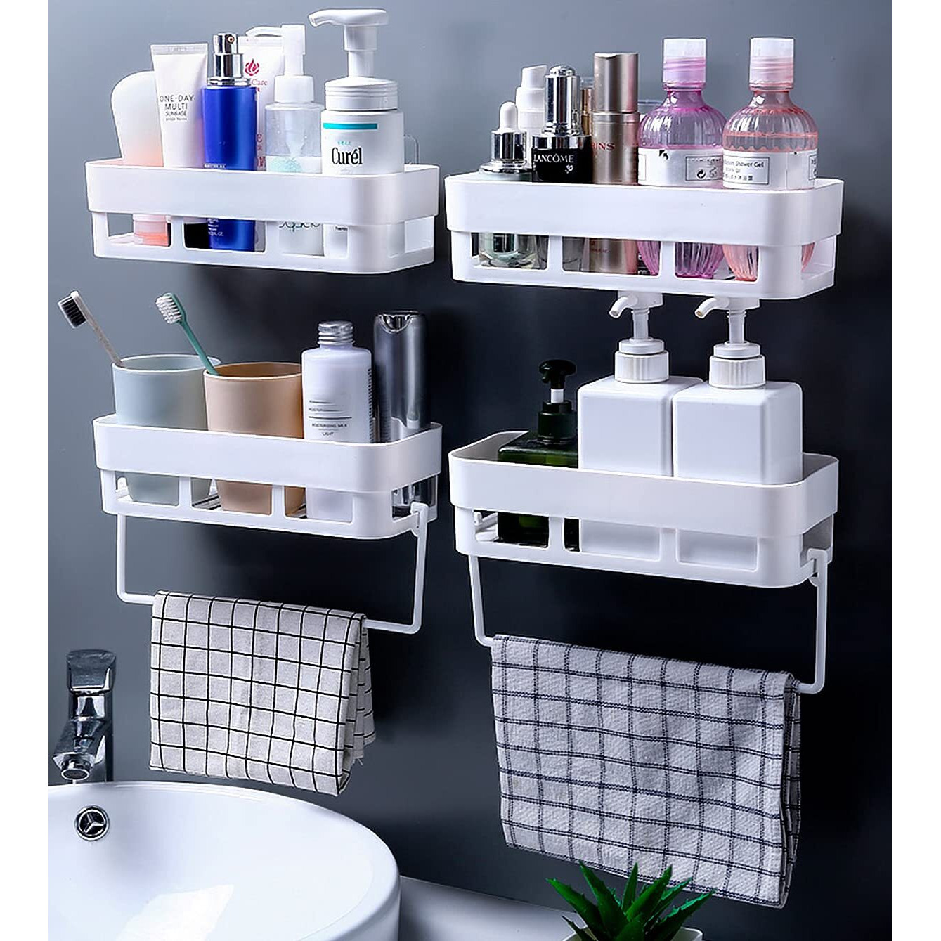 wolpin Plastic Rectangular Wall Shelves with Towel Hanger Shelf Multipurpose Self-Adhesive Sticker Hooks Wall Holder Bathroom Storage Rack Box Strong Shower Rack Shelf - White (4 Pieces)