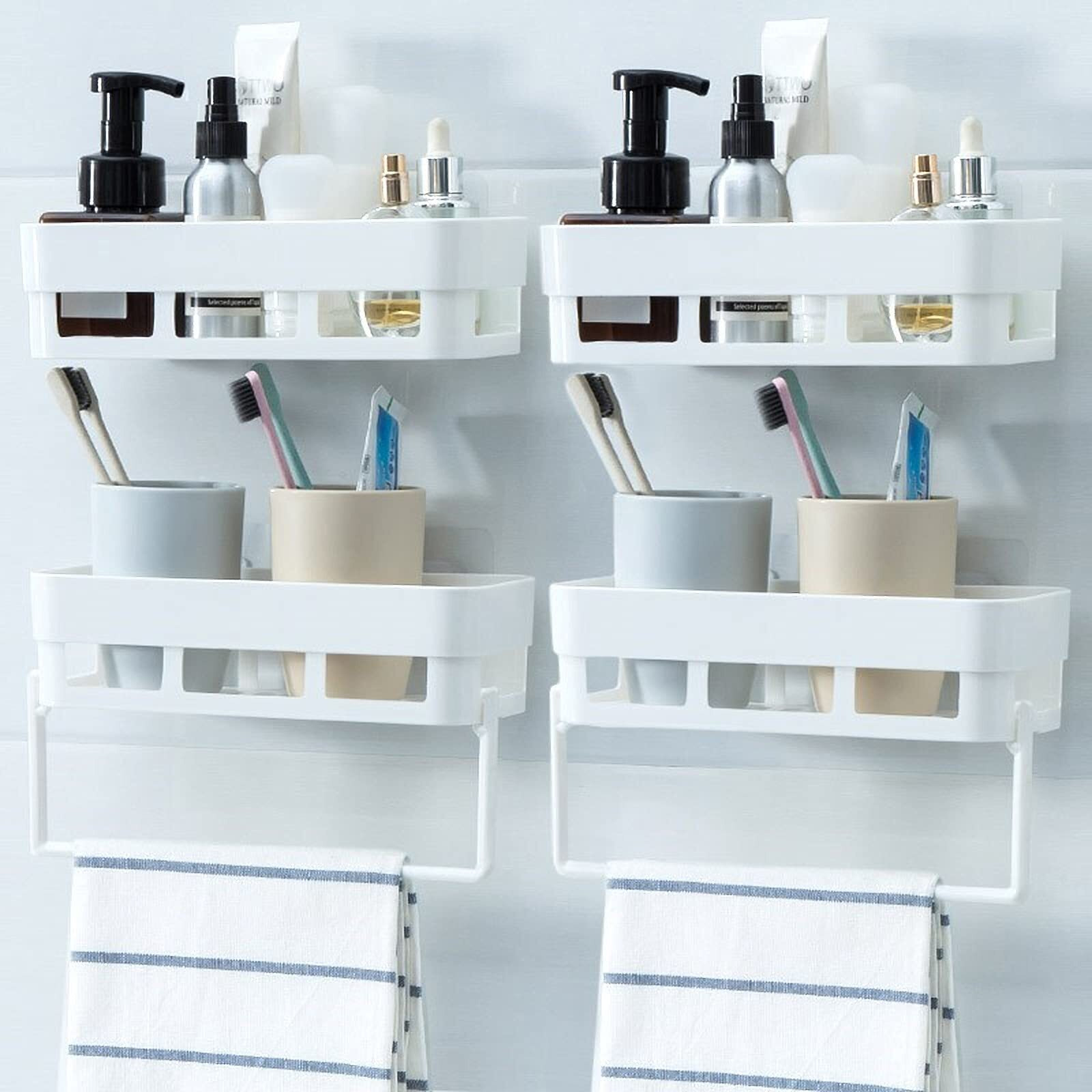 wolpin Plastic Rectangular Wall Shelves with Towel Hanger Shelf Multipurpose Self-Adhesive Sticker Hooks Wall Holder Bathroom Storage Rack Box Strong Shower Rack Shelf - White (4 Pieces)