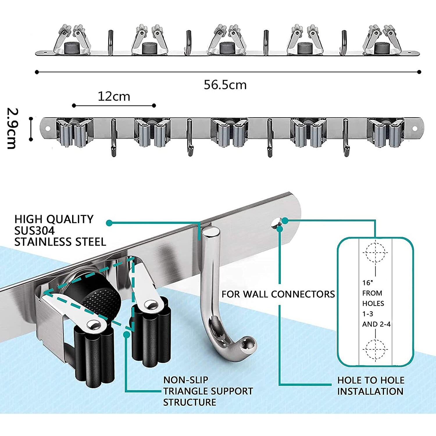 Zollyss Broom Mop Holder Wall Mount Stainless Steel Wall Mounted Storage Organizer Heavy Duty Tools Hanger with 5 Racks 4 Hooks for Kitchen Bathroom Closet Garage Office Garden Hanging Shelves
