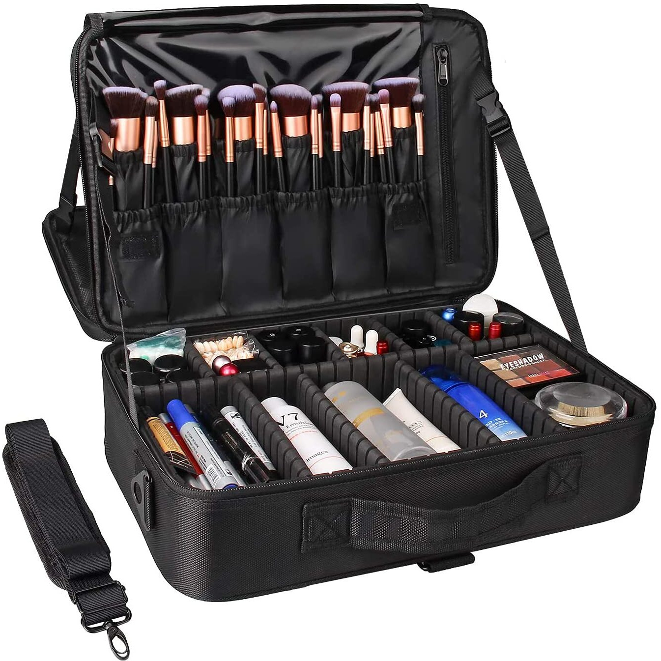 INOVERA (LABEL) Nylon Professional Cosmetic Makeup Storage Organizer Cosmetic Bag With Adjustable Compartment -Black, Large, 40 X 29 X 14 Cm, Standard
