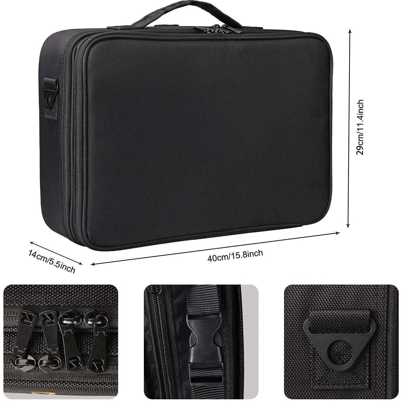 INOVERA (LABEL) Nylon Professional Cosmetic Makeup Storage Organizer Cosmetic Bag With Adjustable Compartment -Black, Large, 40 X 29 X 14 Cm, Standard