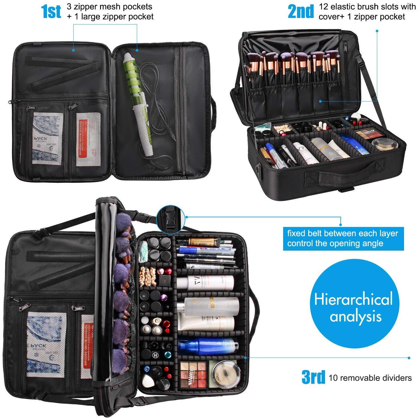 INOVERA (LABEL) Nylon Professional Cosmetic Makeup Storage Organizer Cosmetic Bag With Adjustable Compartment -Black, Large, 40 X 29 X 14 Cm, Standard