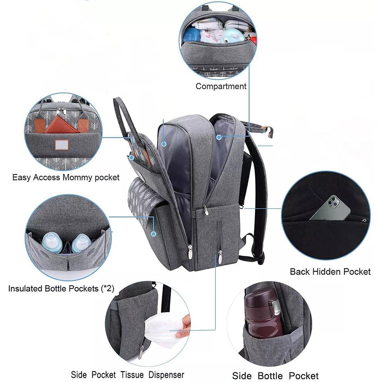 TRUE HUMAN Multipurpose waterproof fabric Diaper Bag bagpack maternity bag new born baby bag nappy bag mothers bag baby shower gift with insulated bottle pockets