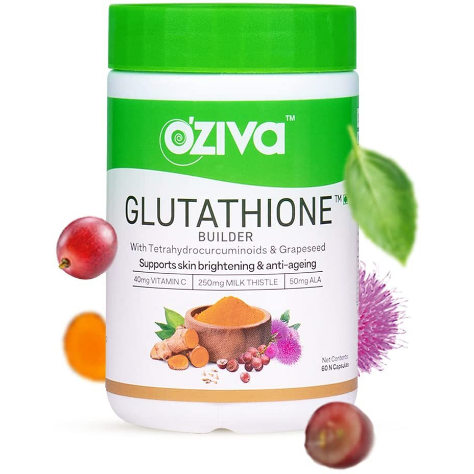 OZiva Plant Based Glutathione Builder | Glutathione Tablets for Skin Glow & Anti-Ageing | Sugar free, Antioxidant Glutathione supplements with Grapeseed, Vitamins C & E, Selenium, 60 Veg Capsules