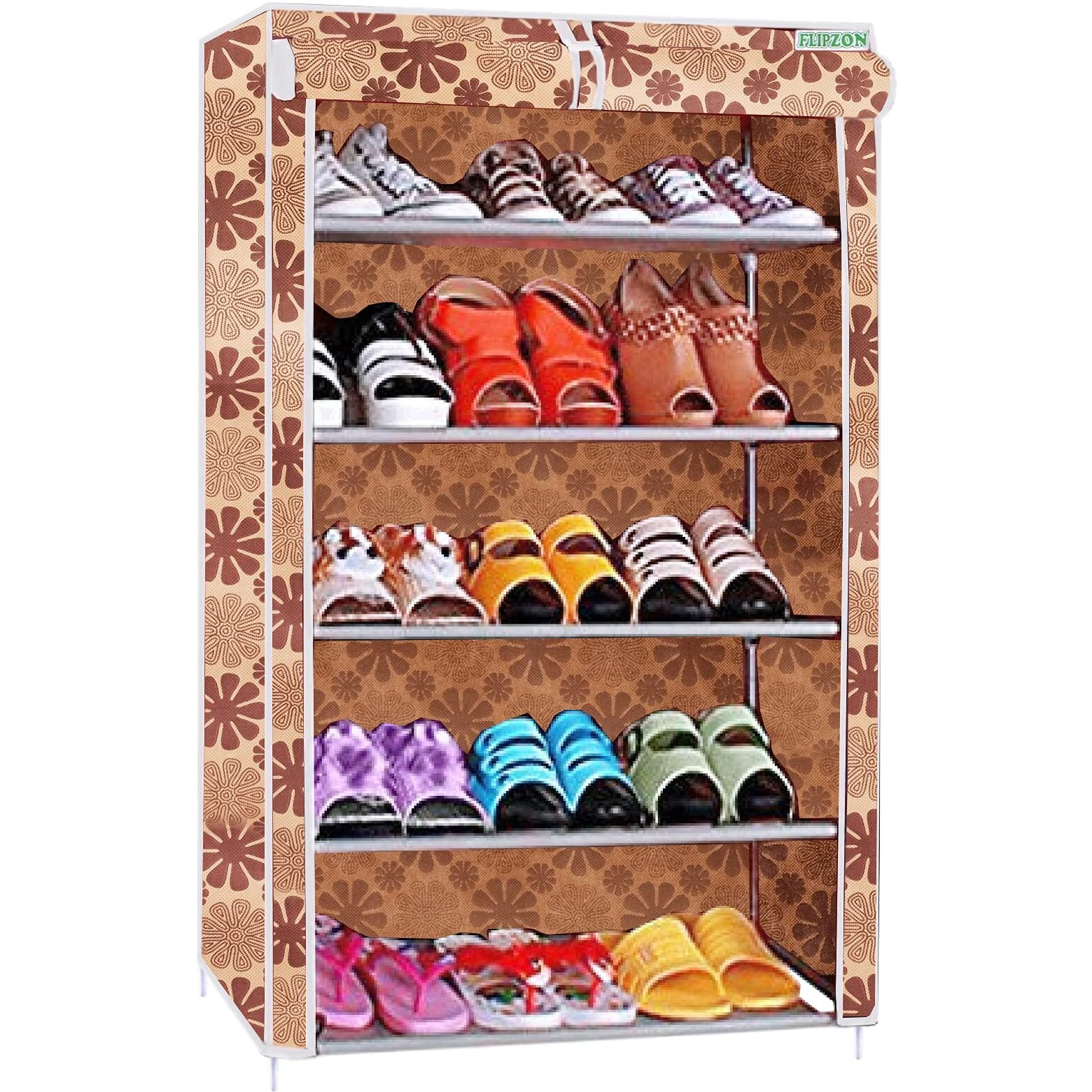 FLIPZON Multipurpose 5 Shelves Shoe Rack with Zip Door Cover & Side Pockets, Multiuse Wide Shelve Storage Rack for footwear, Toys, clothes with Dustproof Cover (5 Shelves) (Biege)