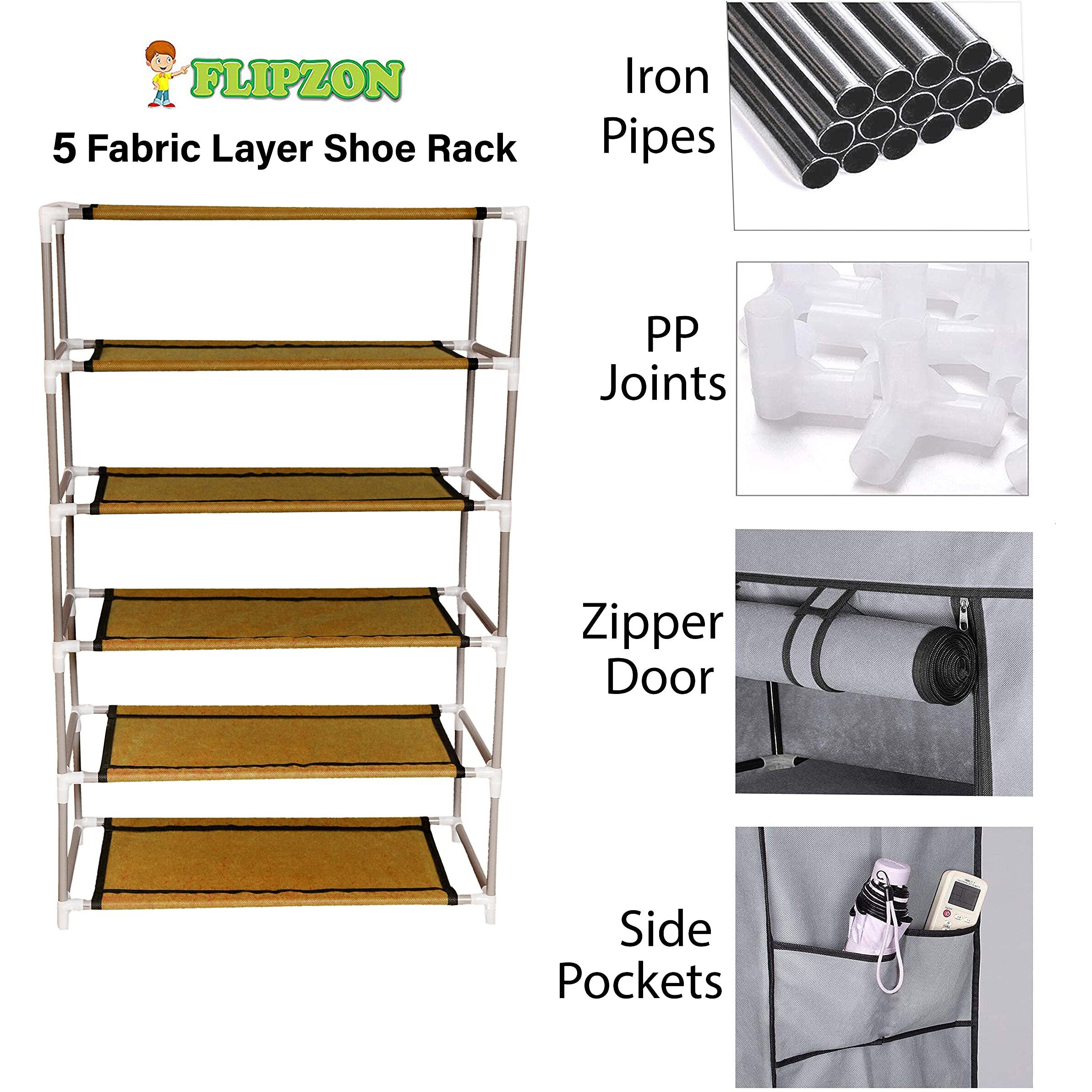 FLIPZON Multipurpose 5 Shelves Shoe Rack with Zip Door Cover & Side Pockets, Multiuse Wide Shelve Storage Rack for footwear, Toys, clothes with Dustproof Cover (5 Shelves) (Biege)
