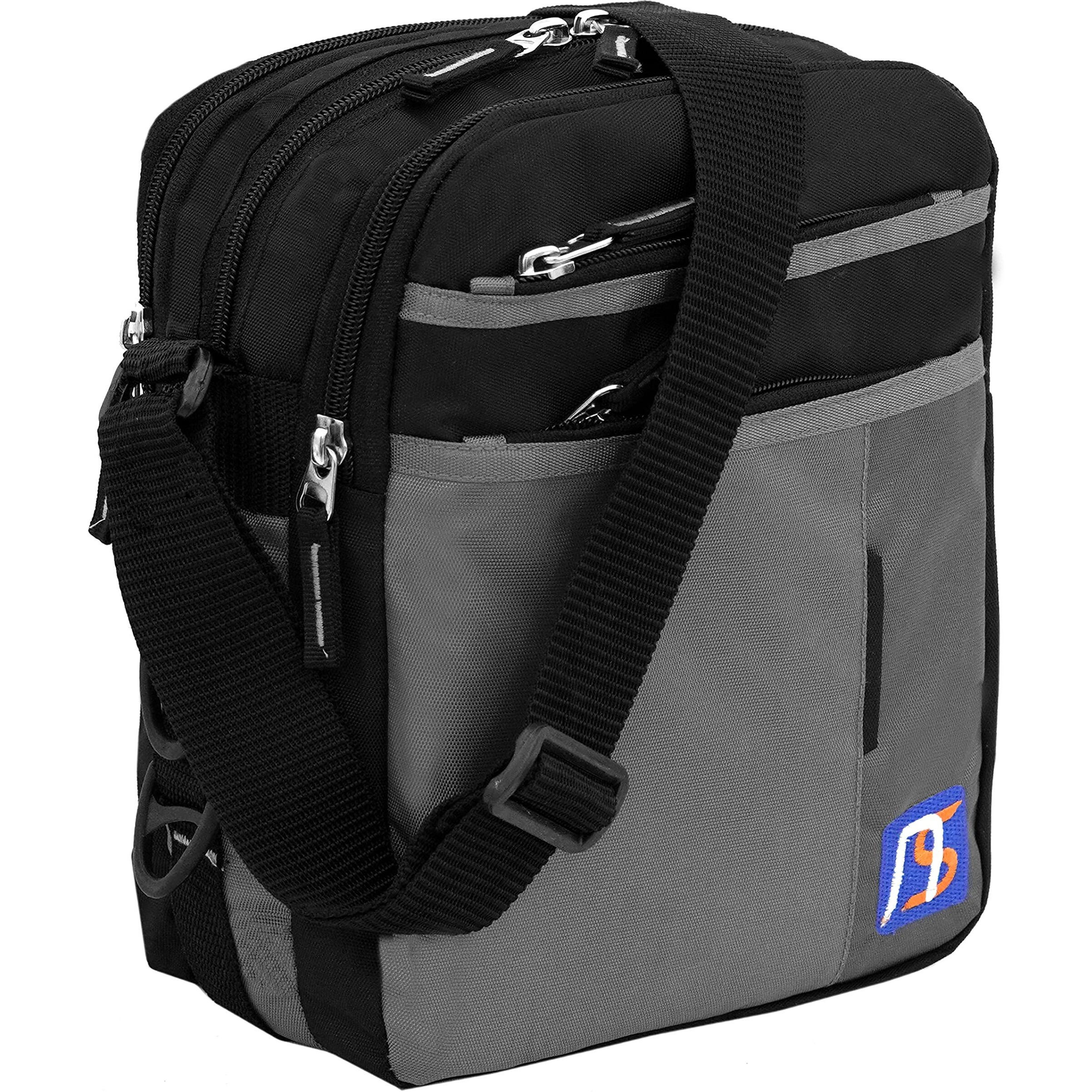 NISUN Stylish Nylon Small 7 Zipper Multi Pocket Sling Cross Body Travel Office Business Messenger One Side Shoulder Bag For Men Women - (Black & Grey, 21 x 10.5 x 27 Cm)