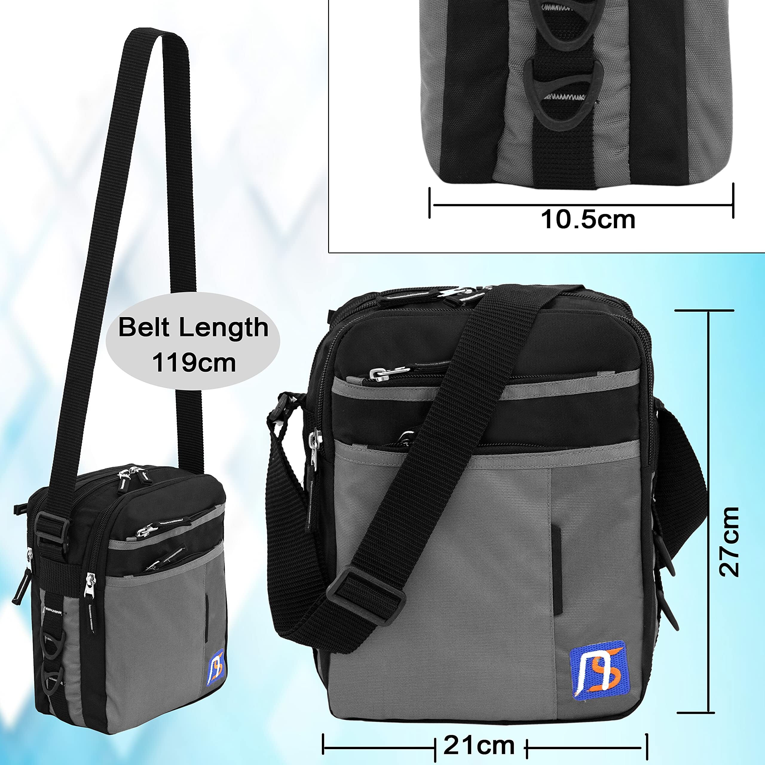 NISUN Stylish Nylon Small 7 Zipper Multi Pocket Sling Cross Body Travel Office Business Messenger One Side Shoulder Bag For Men Women - (Black & Grey, 21 x 10.5 x 27 Cm)