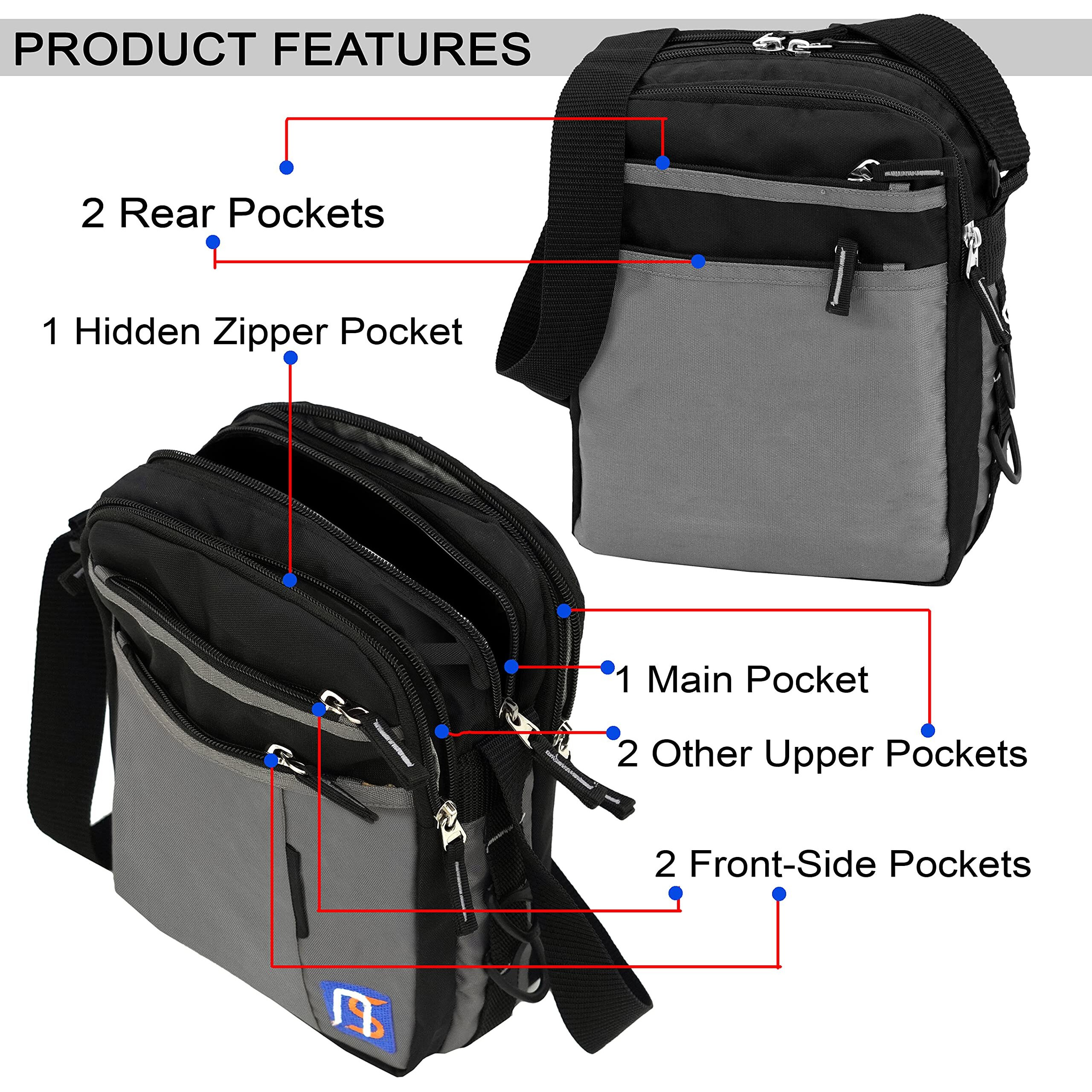NISUN Stylish Nylon Small 7 Zipper Multi Pocket Sling Cross Body Travel Office Business Messenger One Side Shoulder Bag For Men Women - (Black & Grey, 21 x 10.5 x 27 Cm)