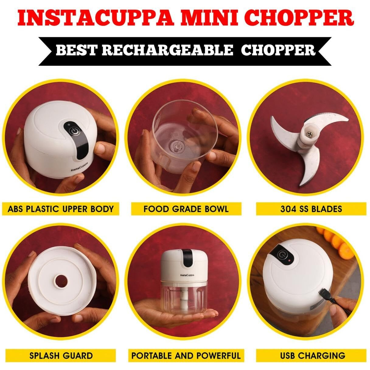 InstaCuppa Mini Electric Chopper for Kitchen, 50% Longer Use 1800 mAh Battery Onion Cutter, USB-C Garlic Mincer for 50% Faster Charging, 45 W Fast Vegetables Chopping for Busy Moms, 250 ML