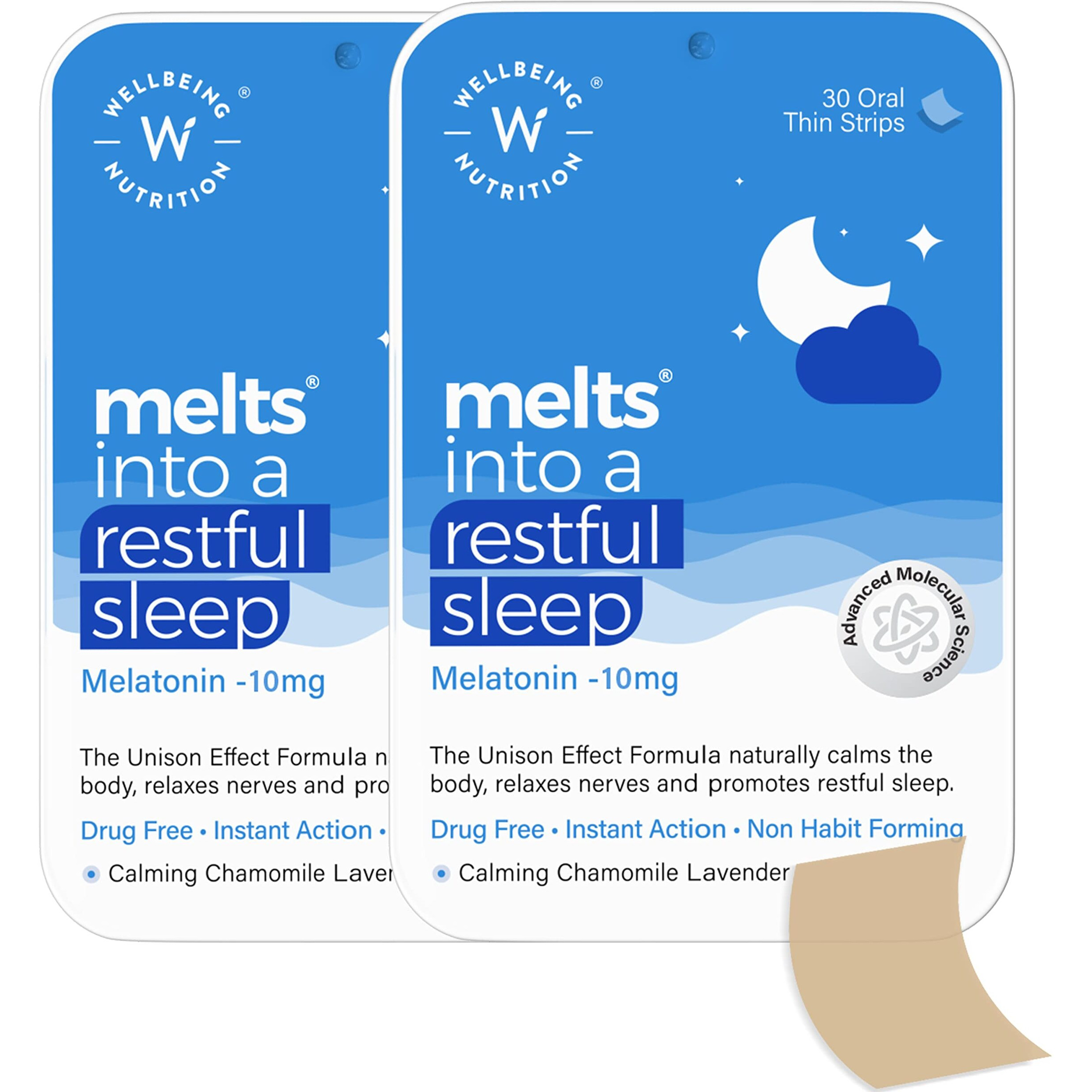 Wellbeing Nutrition Melts Restful Sleep Strips | Plant-Based Melatonin 10mg for Better Sleep & Stress Relief with Chamomile, Tagara, L-Theanine | Helps You Fall Asleep Fast | 60 Oral Thin Strips