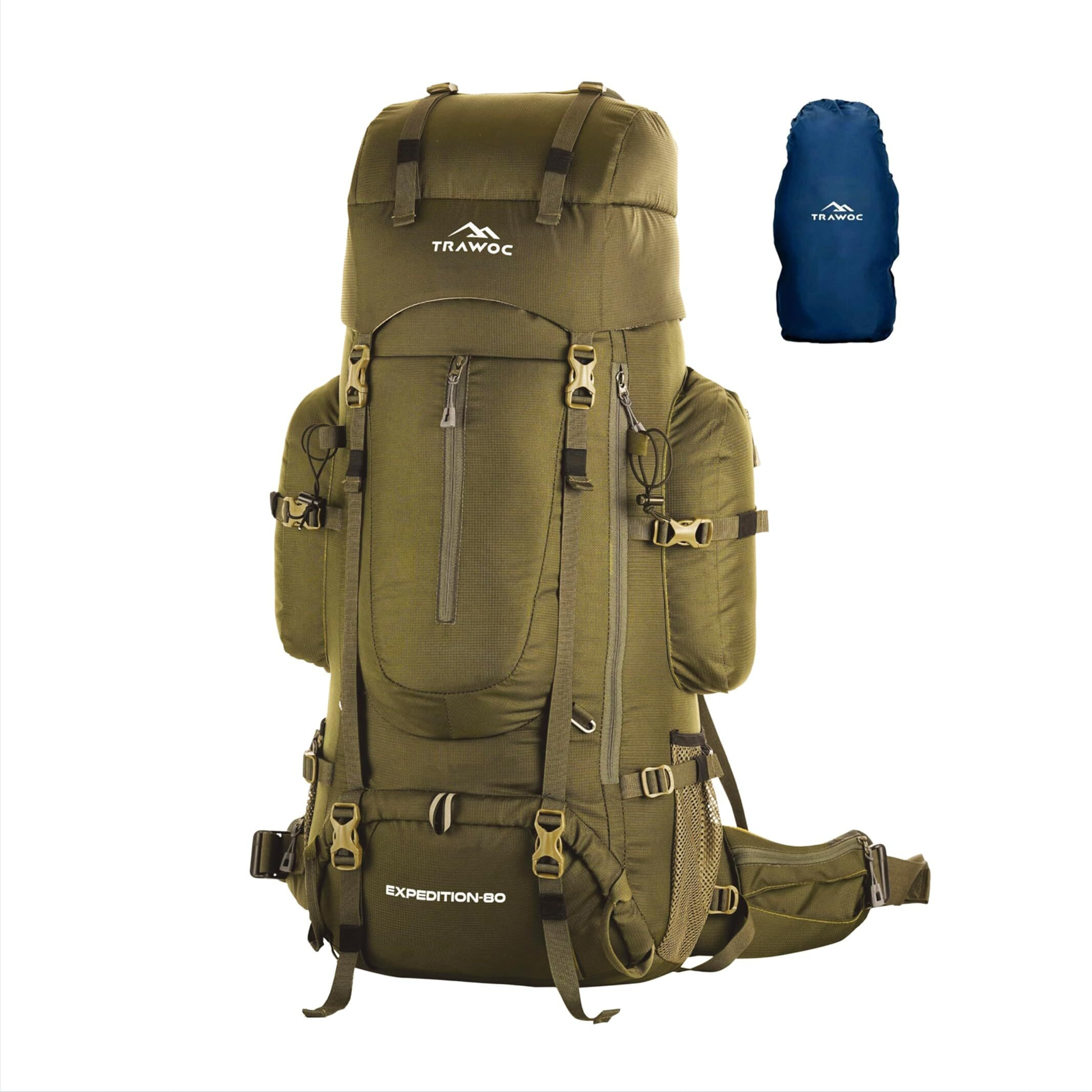 TRAWOC EXPEDITION 80L Travel Backpack Camping Hiking Rucksack Trekking Bag for Men & Women with Water Proof Rain Cover/Shoe Compartment BHK001 Olive Green