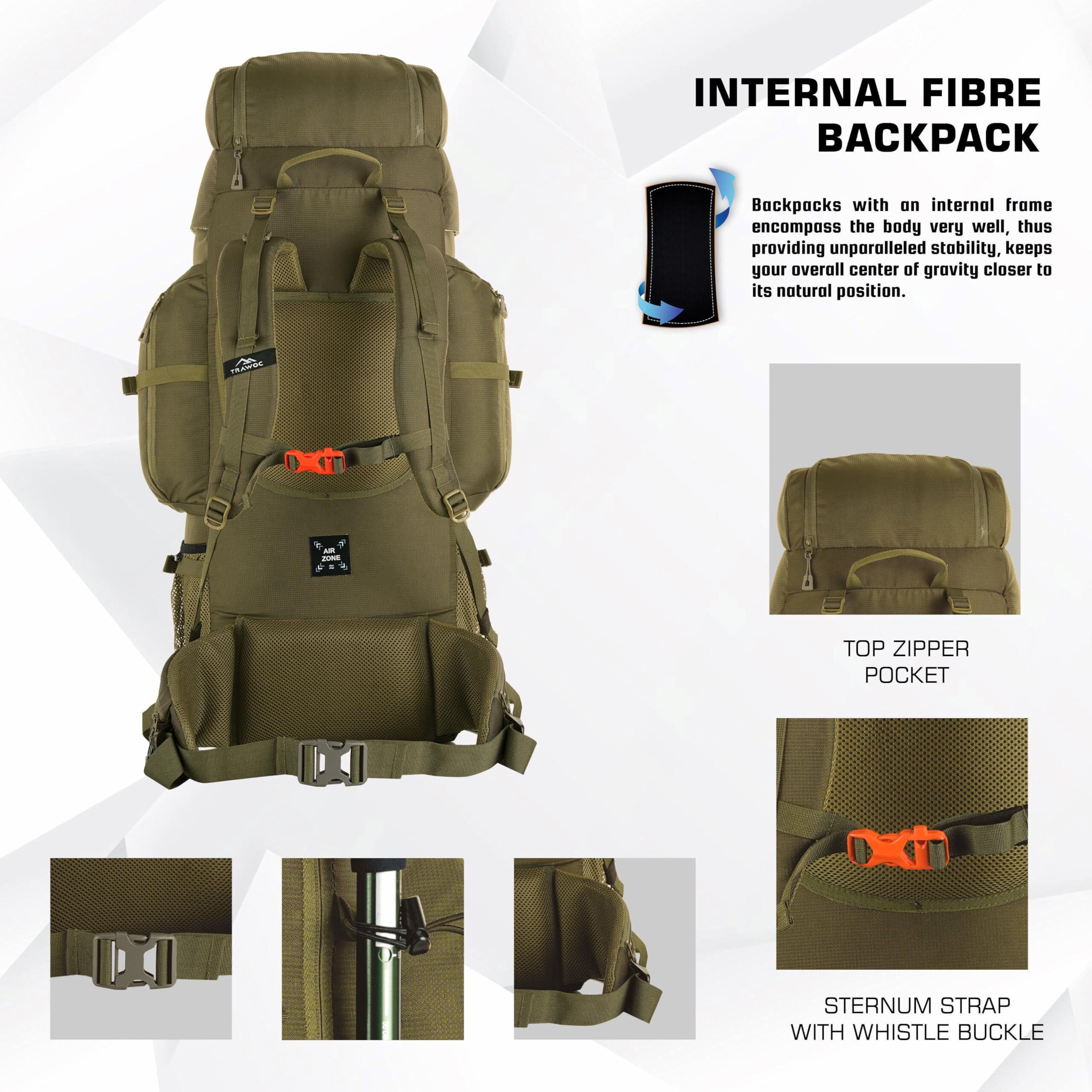 TRAWOC EXPEDITION 80L Travel Backpack Camping Hiking Rucksack Trekking Bag for Men & Women with Water Proof Rain Cover/Shoe Compartment BHK001 Olive Green