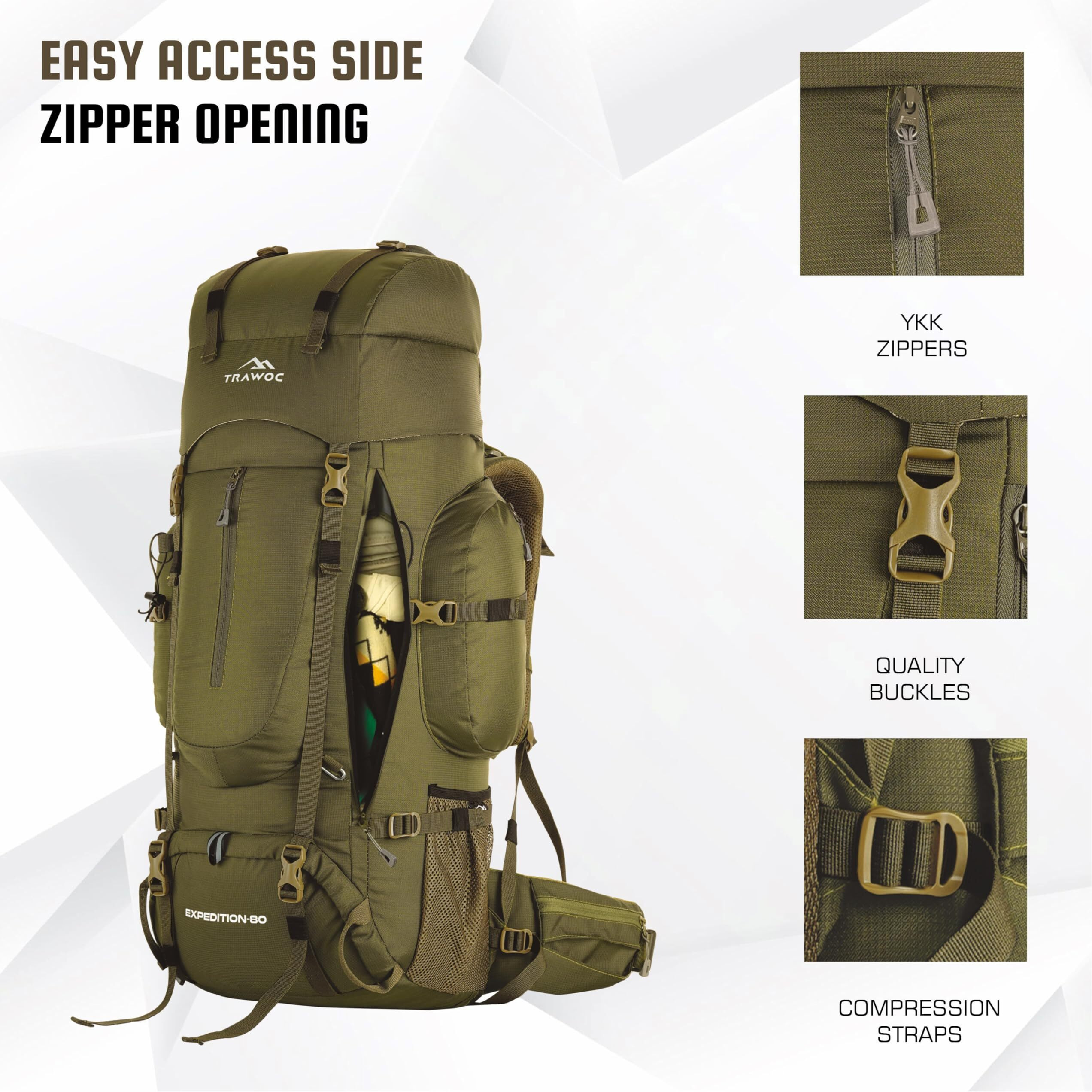 TRAWOC EXPEDITION 80L Travel Backpack Camping Hiking Rucksack Trekking Bag for Men & Women with Water Proof Rain Cover/Shoe Compartment BHK001 Olive Green