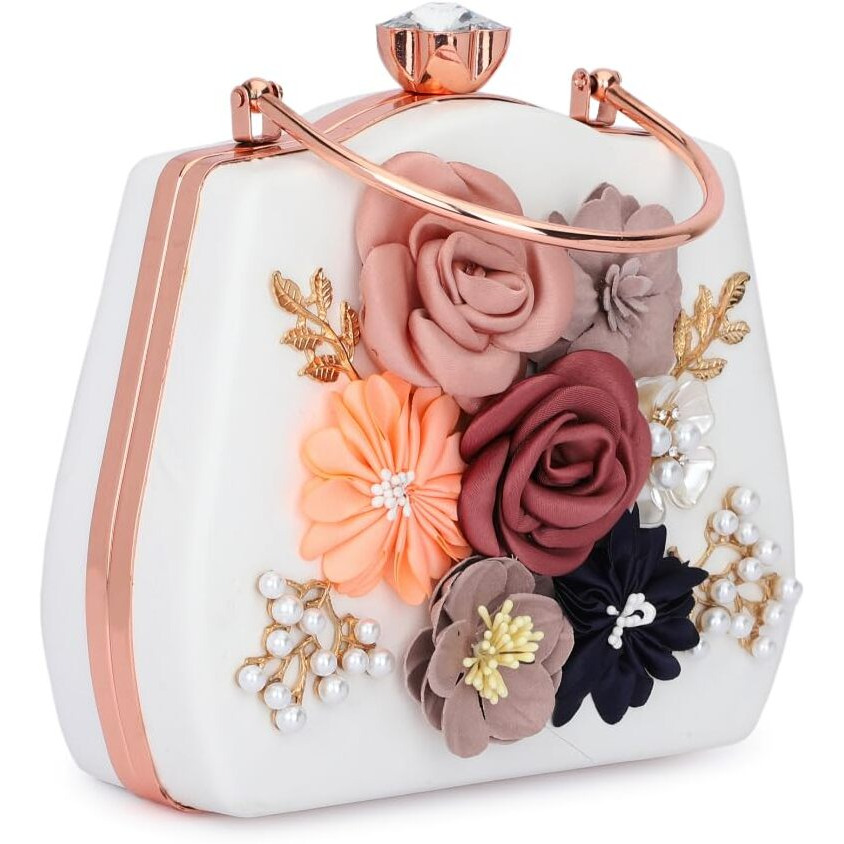 TOOBA Women Handicraft Beautiful Flower Box Clutch Bag Purse, Size 8x5 inches For Bridal, Casual, Party, Wedding (White Flower)