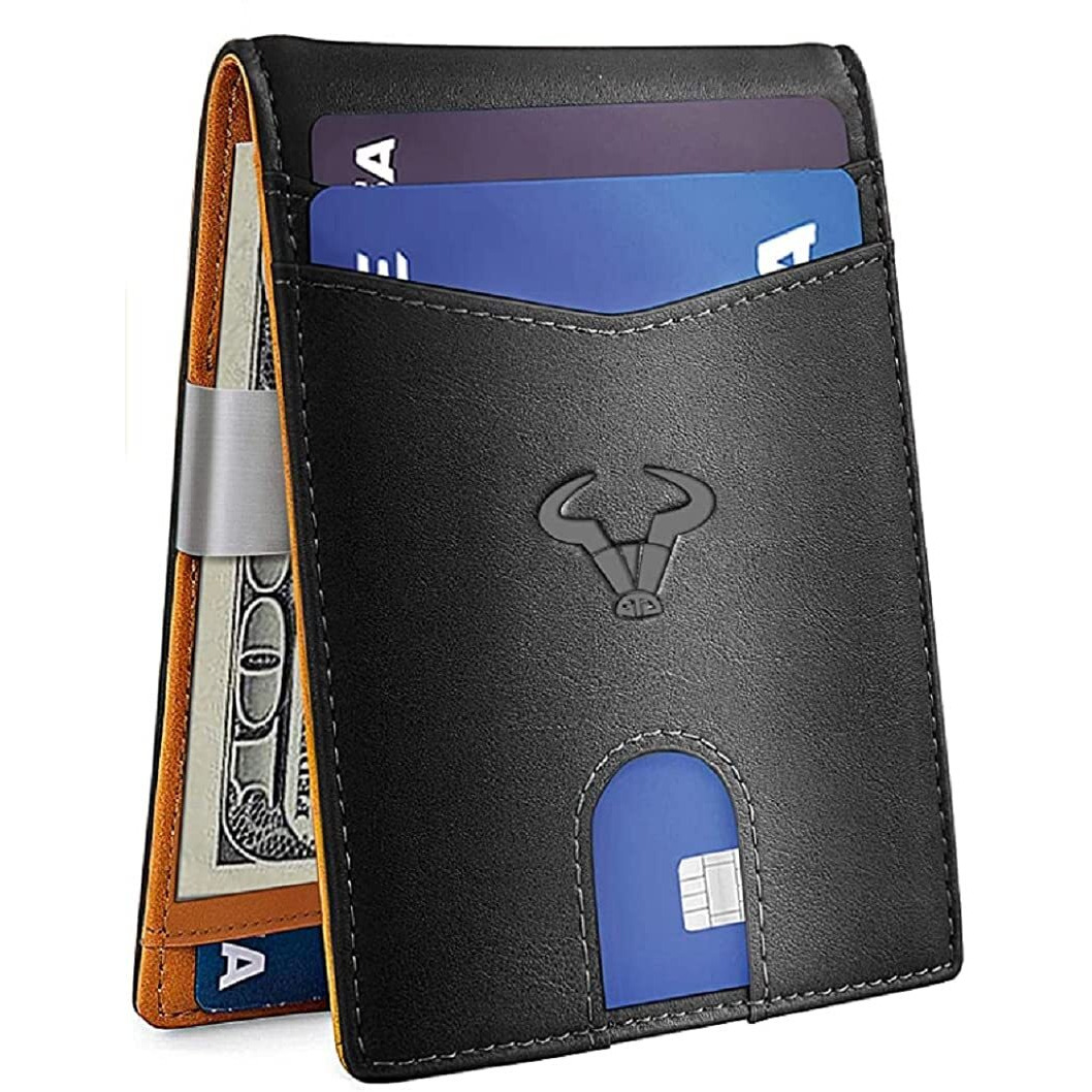 Contacts Men s Genuine Leather Wallet | RFID Blocking Card Holder Wallet for Men | 10 Card Slots, 1 ID Window| Stainless Steel Money Clip| Zip Coin Pocket