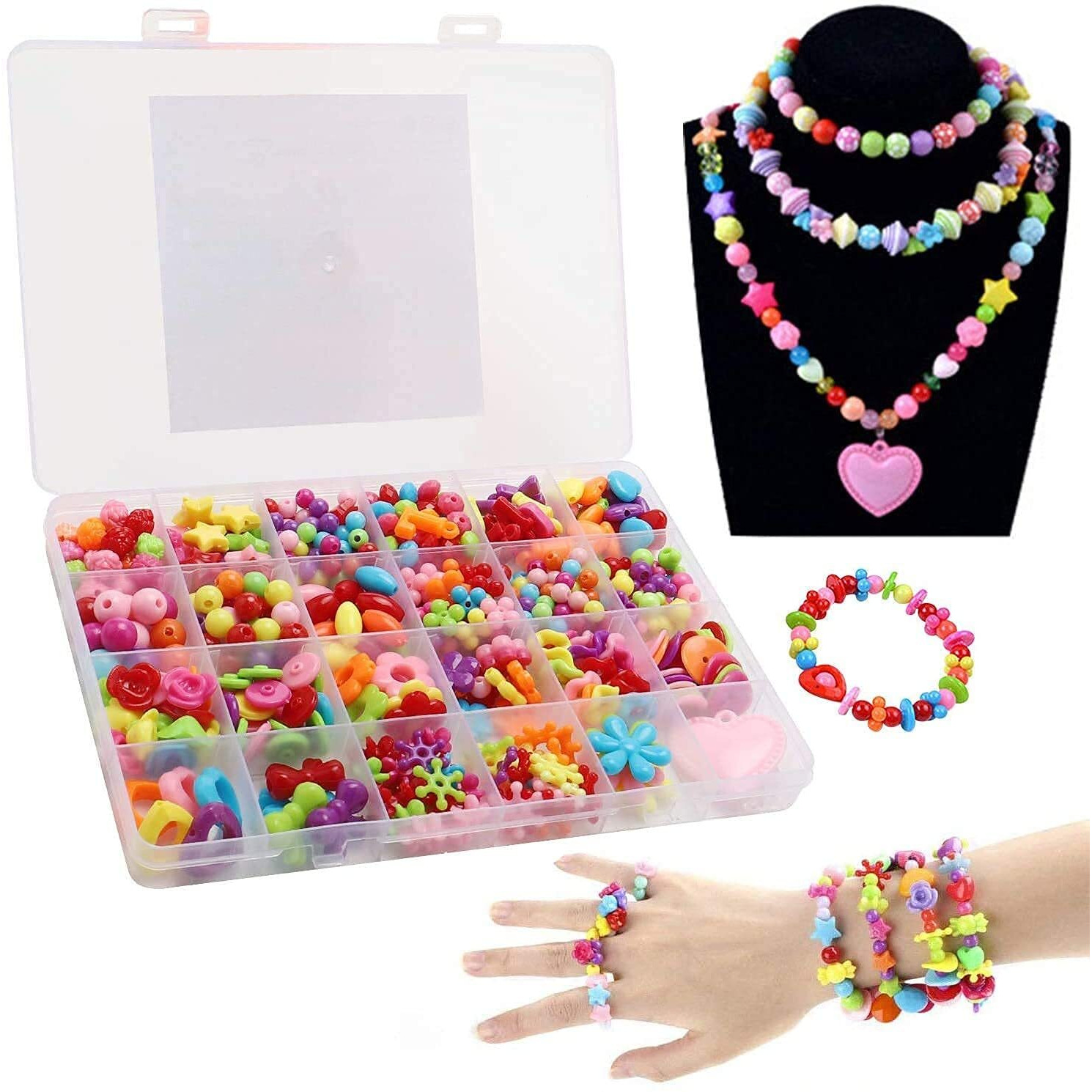 HANNEA Girls Bracelet Making Kit, Fun and Colorful Beads for Jewellery Making Kit, Children s Self-Made Bracelet, Necklace and Hair Band Ring, Birthday Gift for Children Over Six Years Old (Pink)
