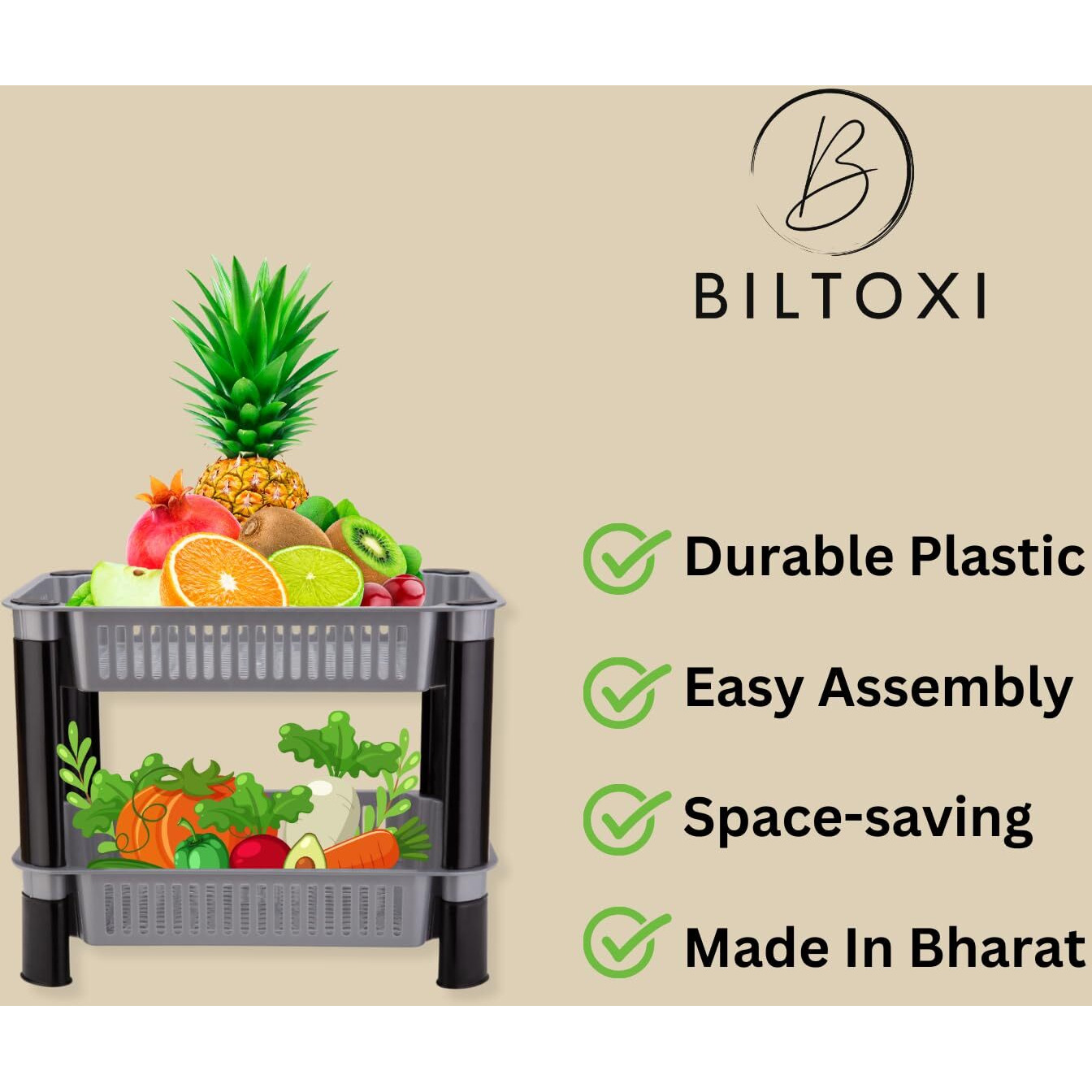 Biltoxi Multipurpose Plastic Storage Rack for Kitchen, Fruit Corner Storage Stand Basket, Countertop Kitchen Organizer Cart, Kitchen Trolley Rack (2 Layer, Silver)Rectangular