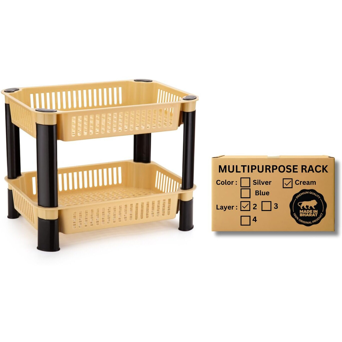 Biltoxi Multipurpose Plastic Storage Rack for Kitchen, Onion Potato Sabji, Fruit Corner Storage Stand Basket, Folding Rack, Countertop Kitchen Organizer Cart, Kitchen Trolley Rack (2 Layer, Ivory)