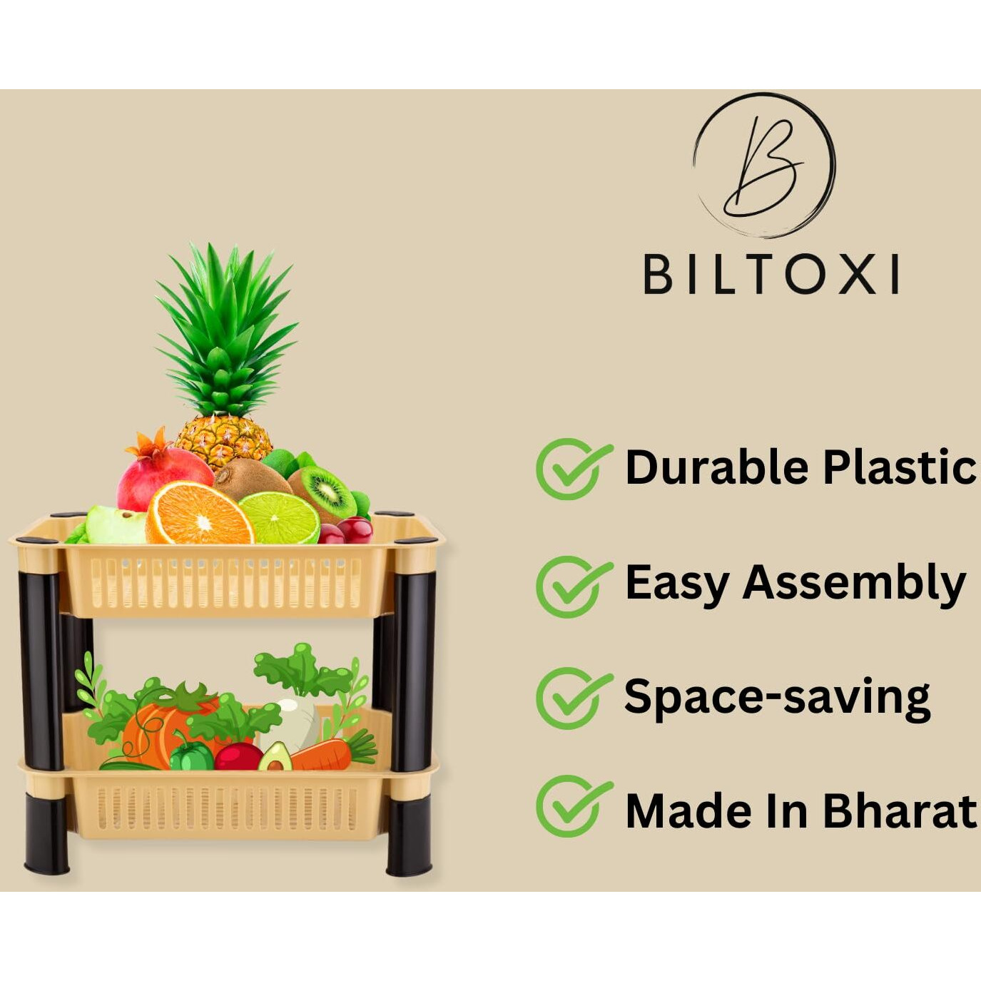 Biltoxi Multipurpose Plastic Storage Rack for Kitchen, Onion Potato Sabji, Fruit Corner Storage Stand Basket, Folding Rack, Countertop Kitchen Organizer Cart, Kitchen Trolley Rack (2 Layer, Ivory)