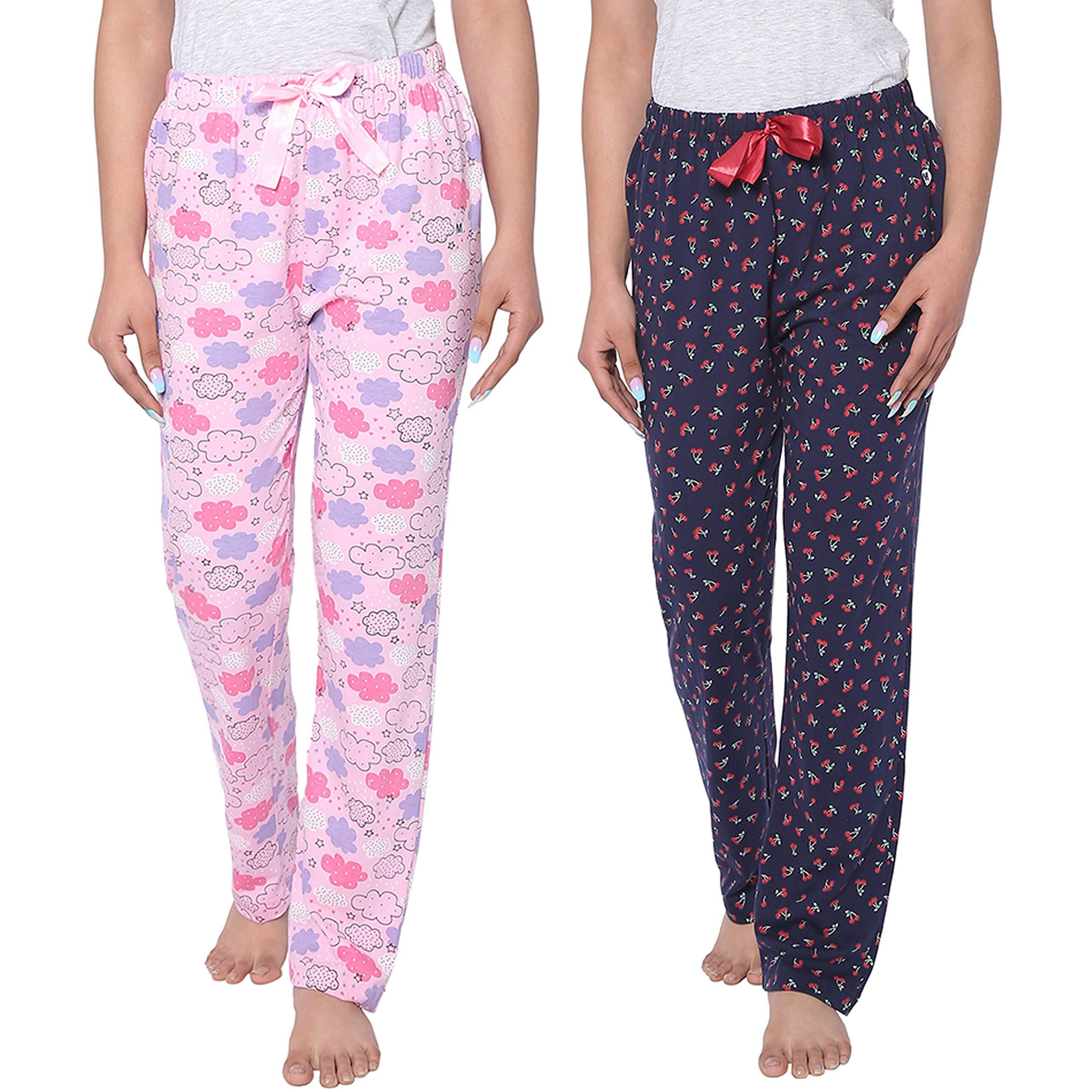 Real Basics Women s Cotton Printed Pyjama Pack Of 2(Rb-W-Pj-4Xl-P2-S4(Sky+Cherry)_Multicolor_4Xl, Casual Style, Pink Sky,Navy Cherry)