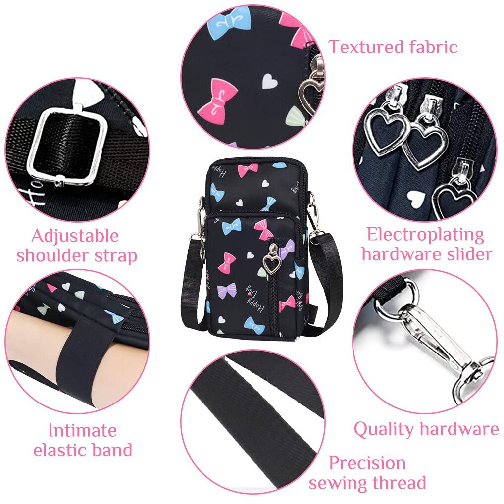 PALAY Small Cross Body Bags Multifunctional 3 Layers with Bow Pattern Sling Bag for Women Girls Accommodate Phones Less Than 7.2 inches Cell Phone Purses Travel Sport Pouch Shoulder Bag