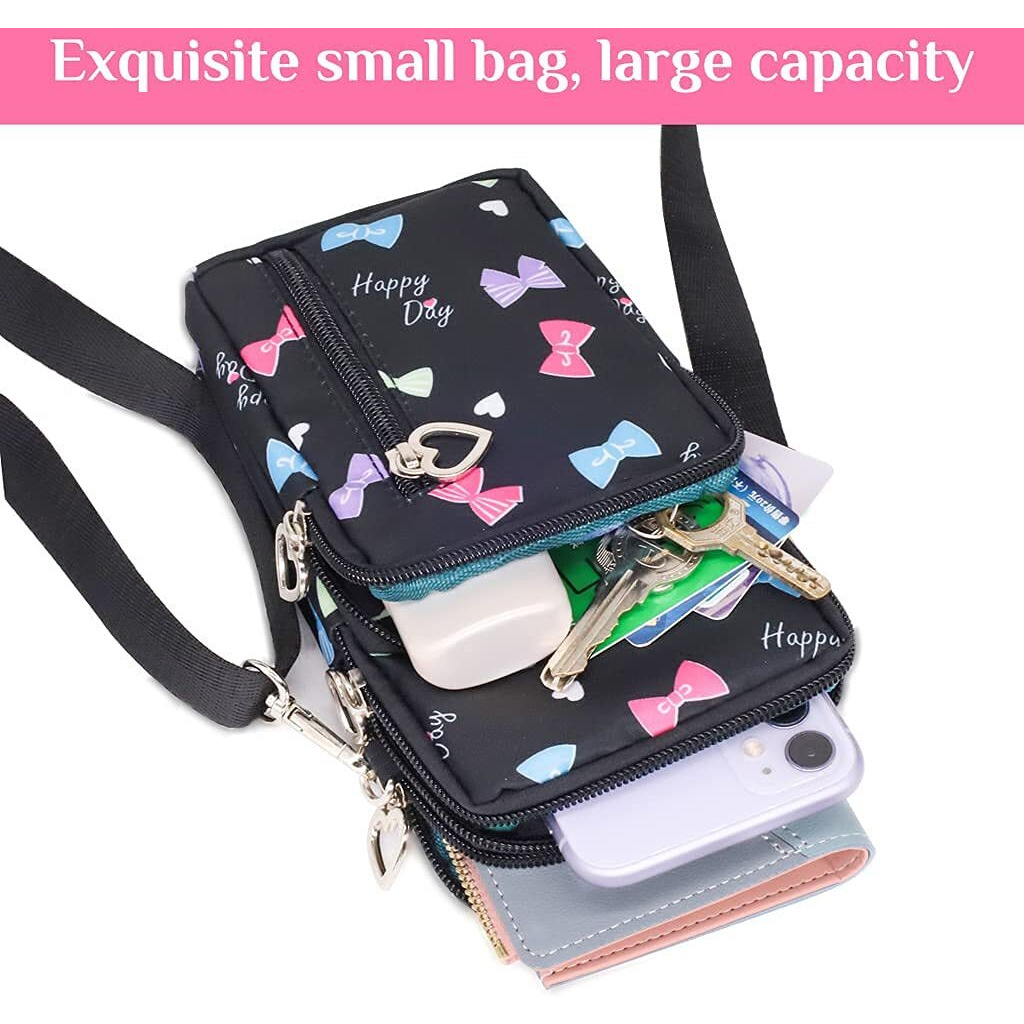 PALAY Small Cross Body Bags Multifunctional 3 Layers with Bow Pattern Sling Bag for Women Girls Accommodate Phones Less Than 7.2 inches Cell Phone Purses Travel Sport Pouch Shoulder Bag