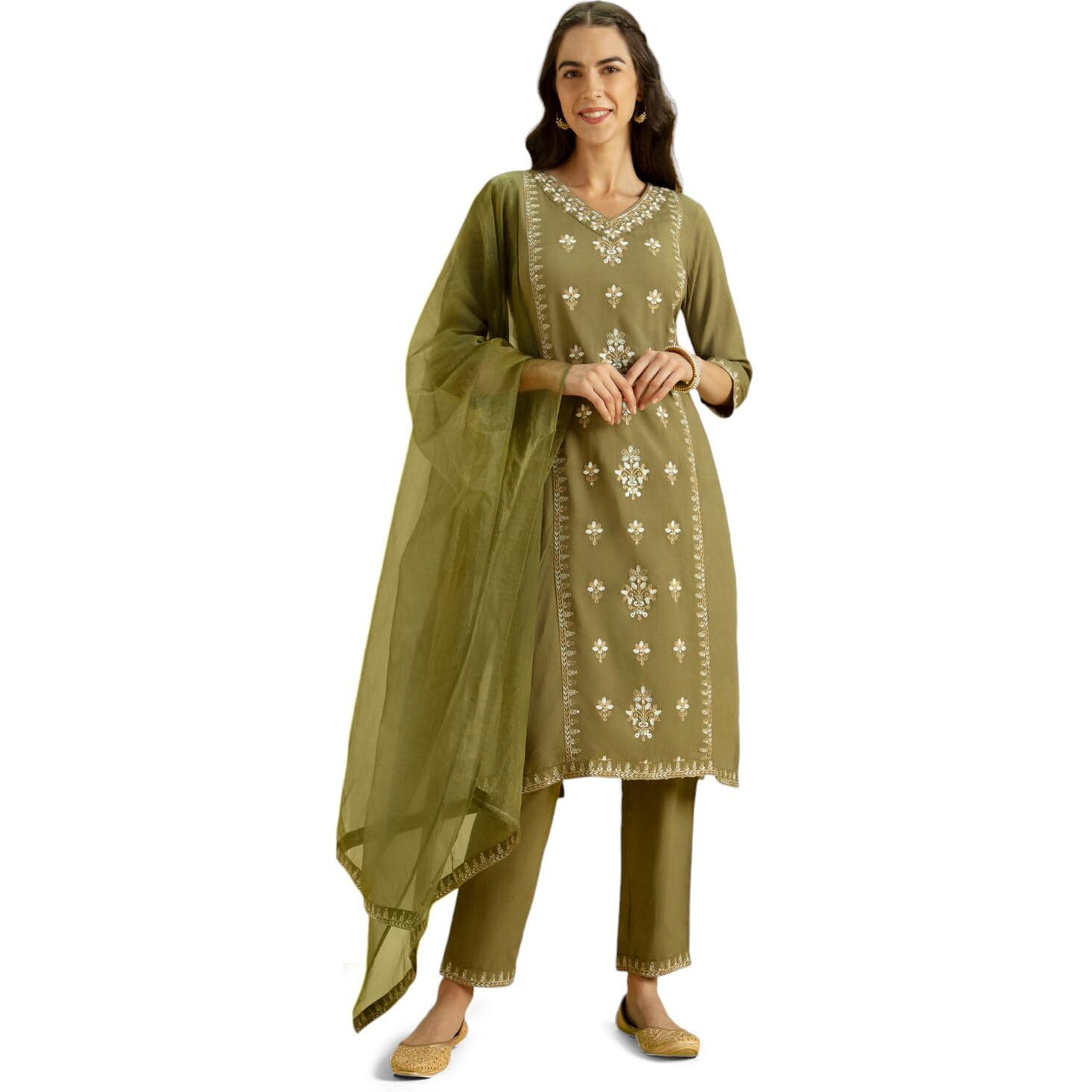 Kaari Rayon Staple 3 PCS Women Kurta Set (KAAAW24WSKD-82020_Mehendi Green_M)